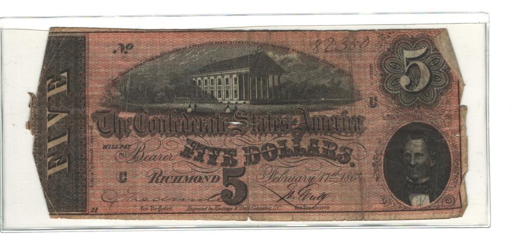 Civil War 1864 Confederat States of America $5 Note (1 of 3)