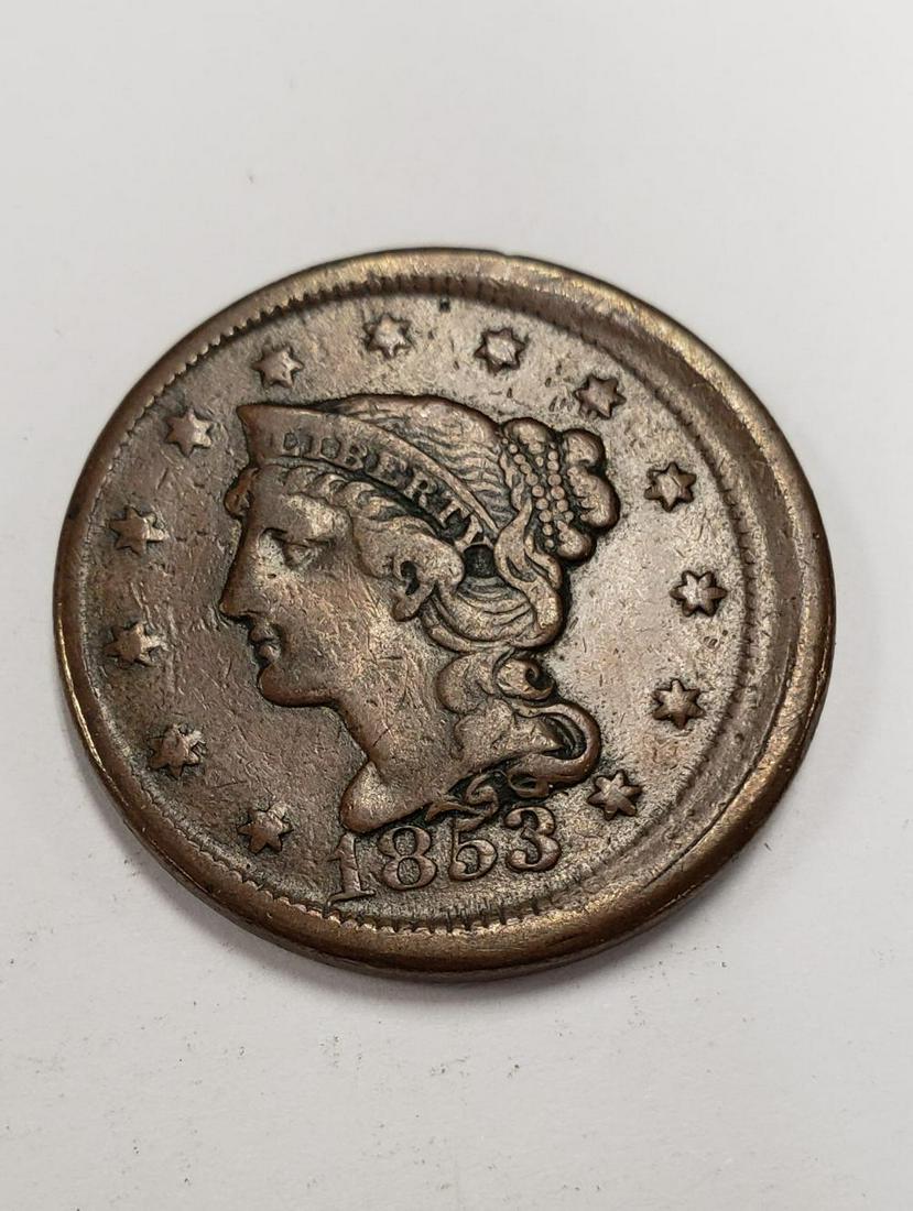 1853 off center strike ERROR Large Cent 1C (1 of 3)