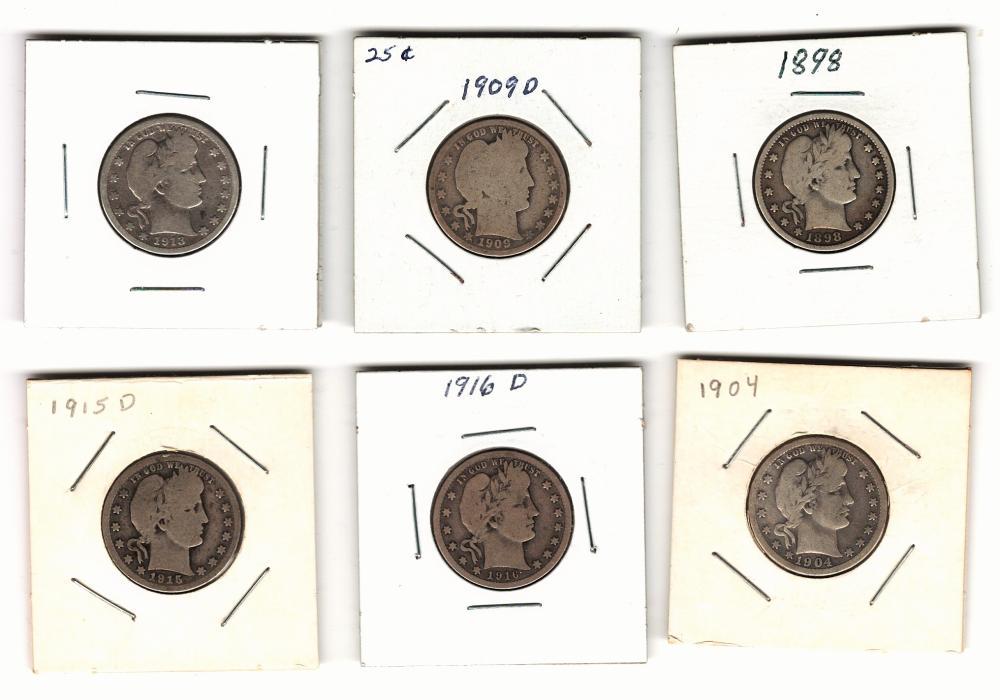 Lot of 6 Barber Silver Quarters (1 of 3)