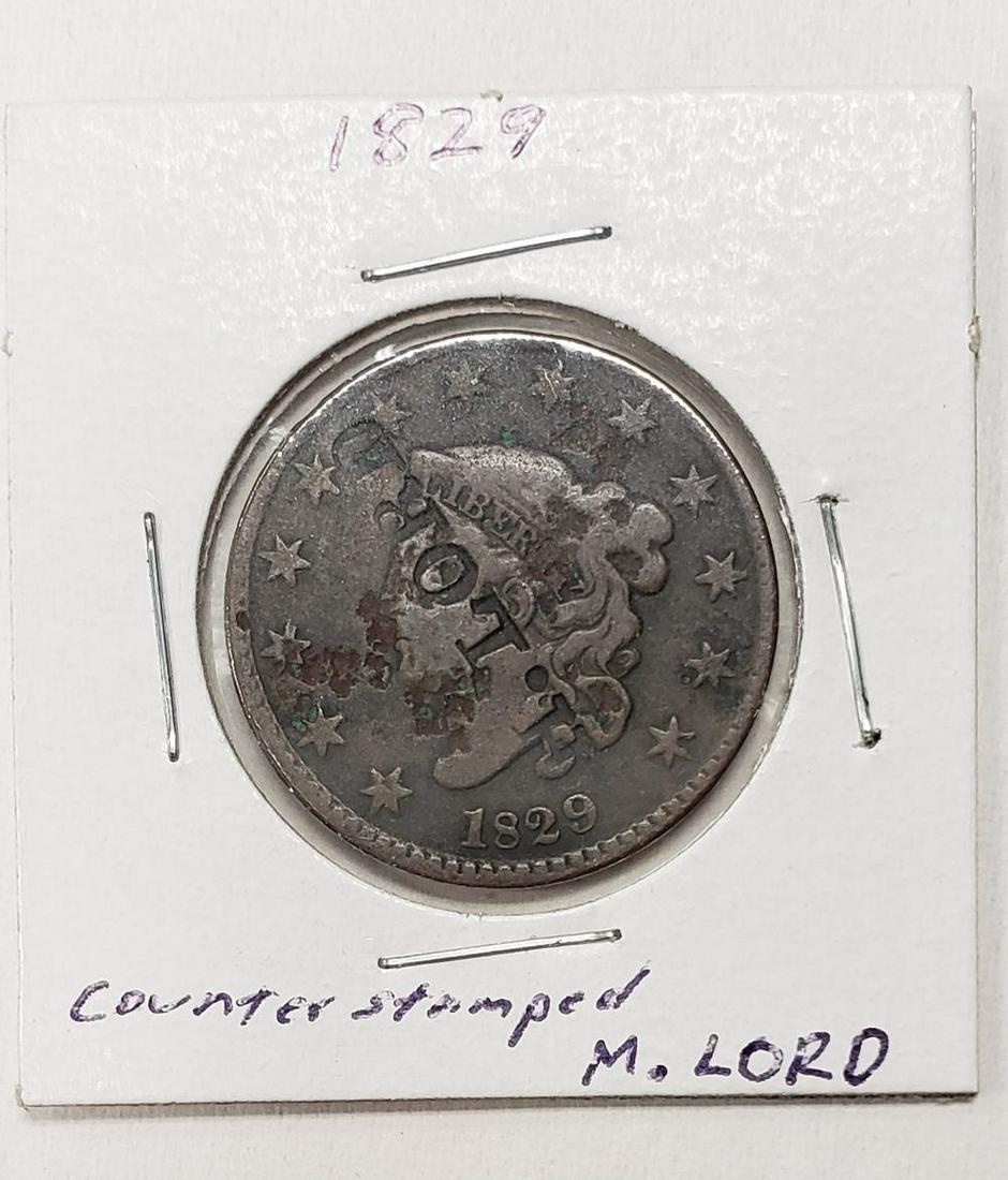 1829 Large Cent Counter Stamped M. LORD (1 of 3)