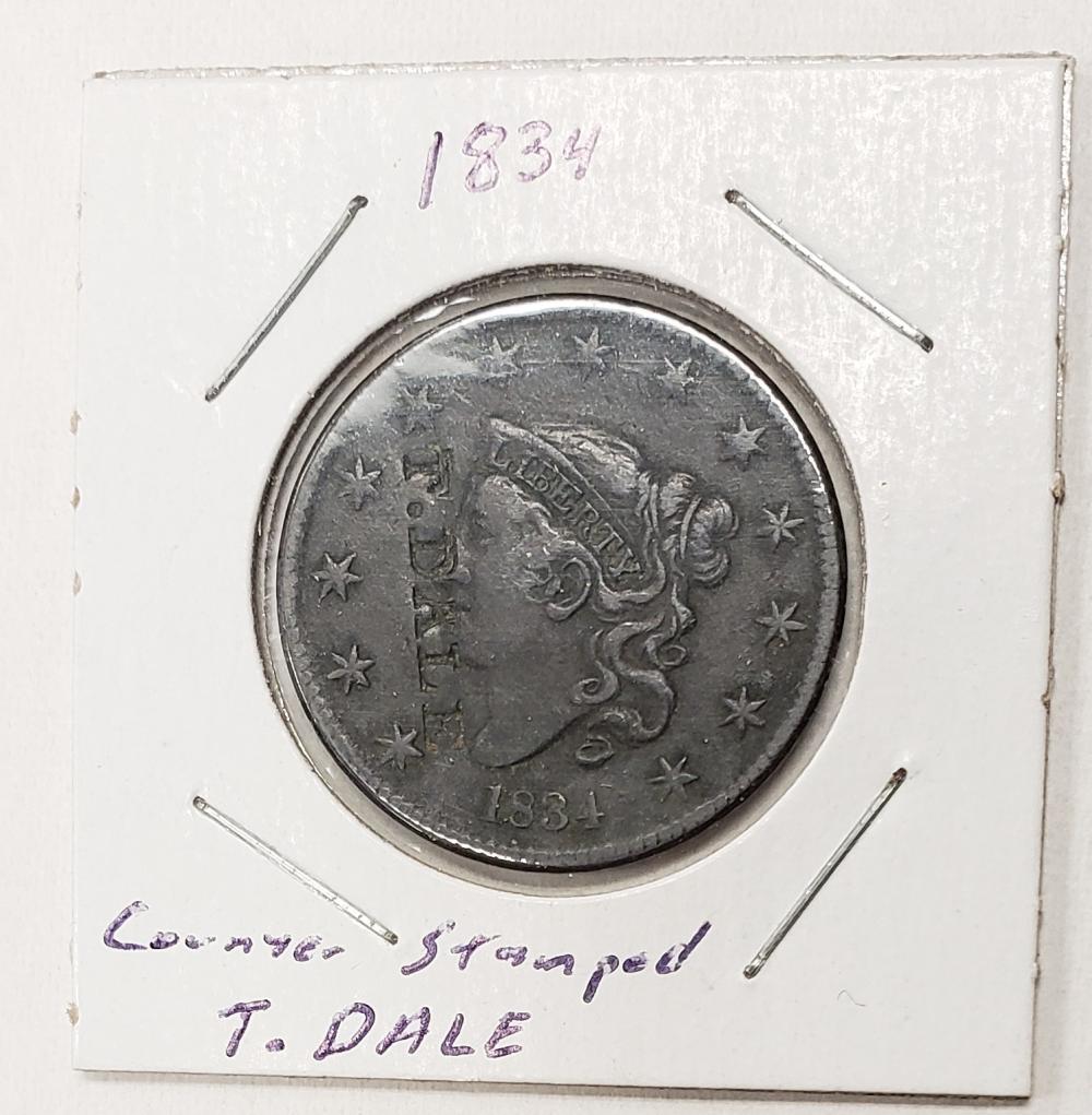 1834 Large Cent Counter Stamped T. DALE (1 of 3)