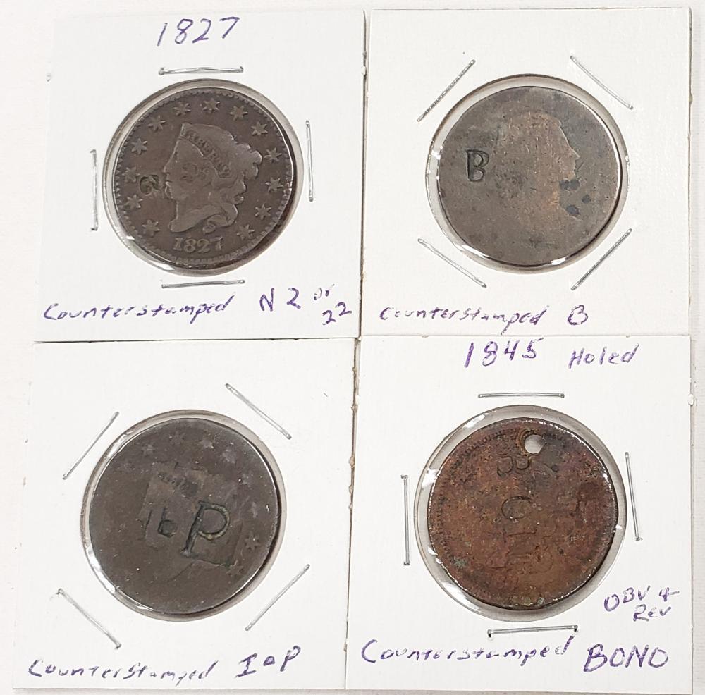 Lot of 4 large cents with Counter Stamps (1 of 3)
