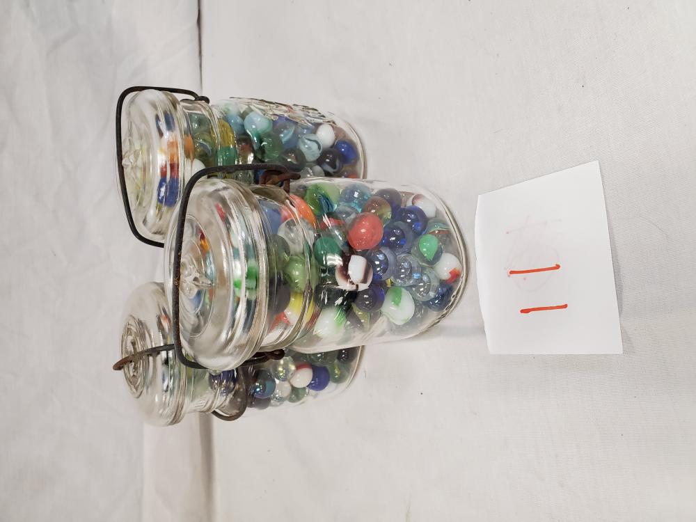 3 Mason Jars of Marbles: as found, 1/2 quart jars