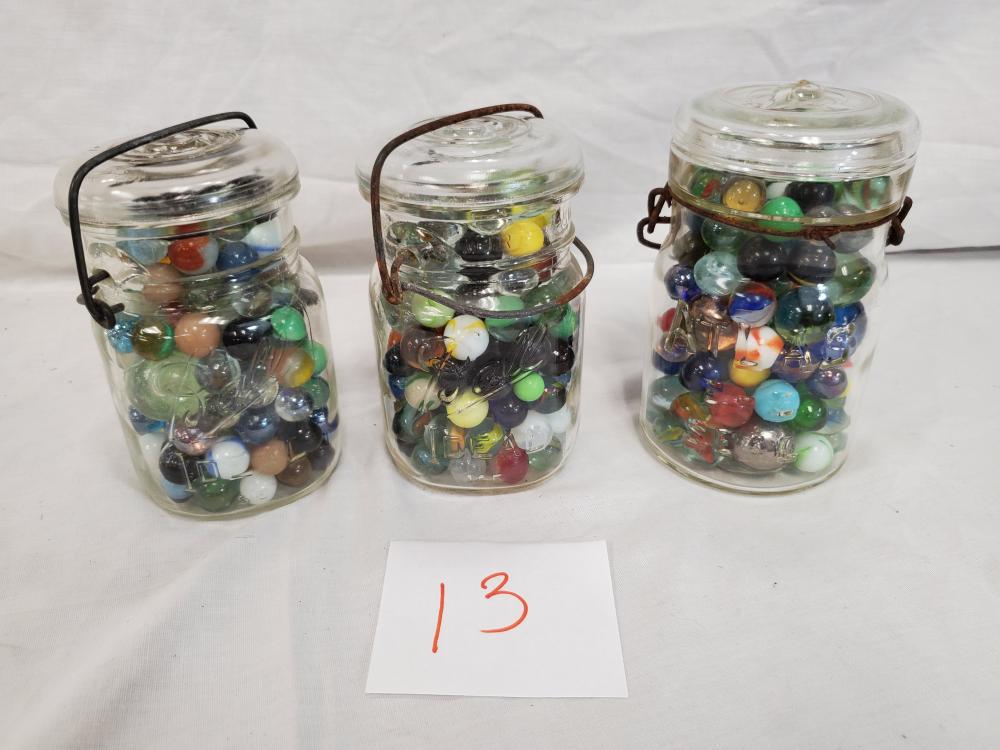 3 Mason Jars of Marbles: as found, 1/2 quart jars