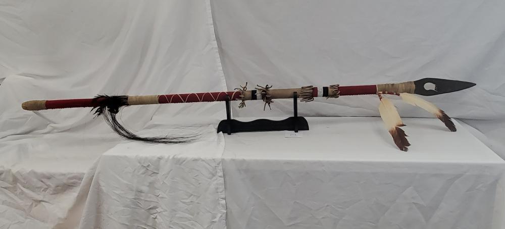 68" Native American Spear with beadwork and leather: leather wrapped, beadwork, feathers. 68". Was collected in the 1990's on a Crosscountry venture visiting many different reservations, Aquired on the Sioux Reservation