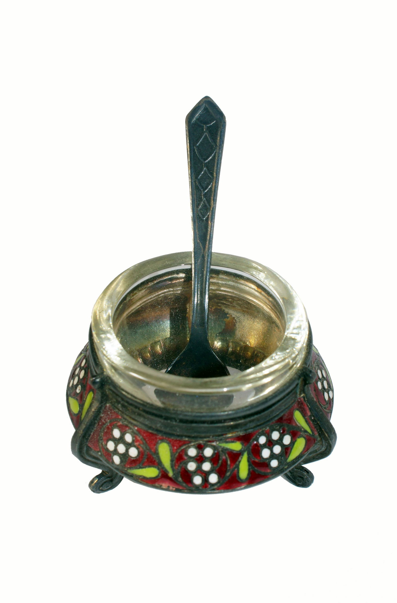 Vintage Soviet Enamel Salt Cellar with Spoon: Russian Salt Cellar with Spoon, circa 1960's, size D 2.25" x 1.5"