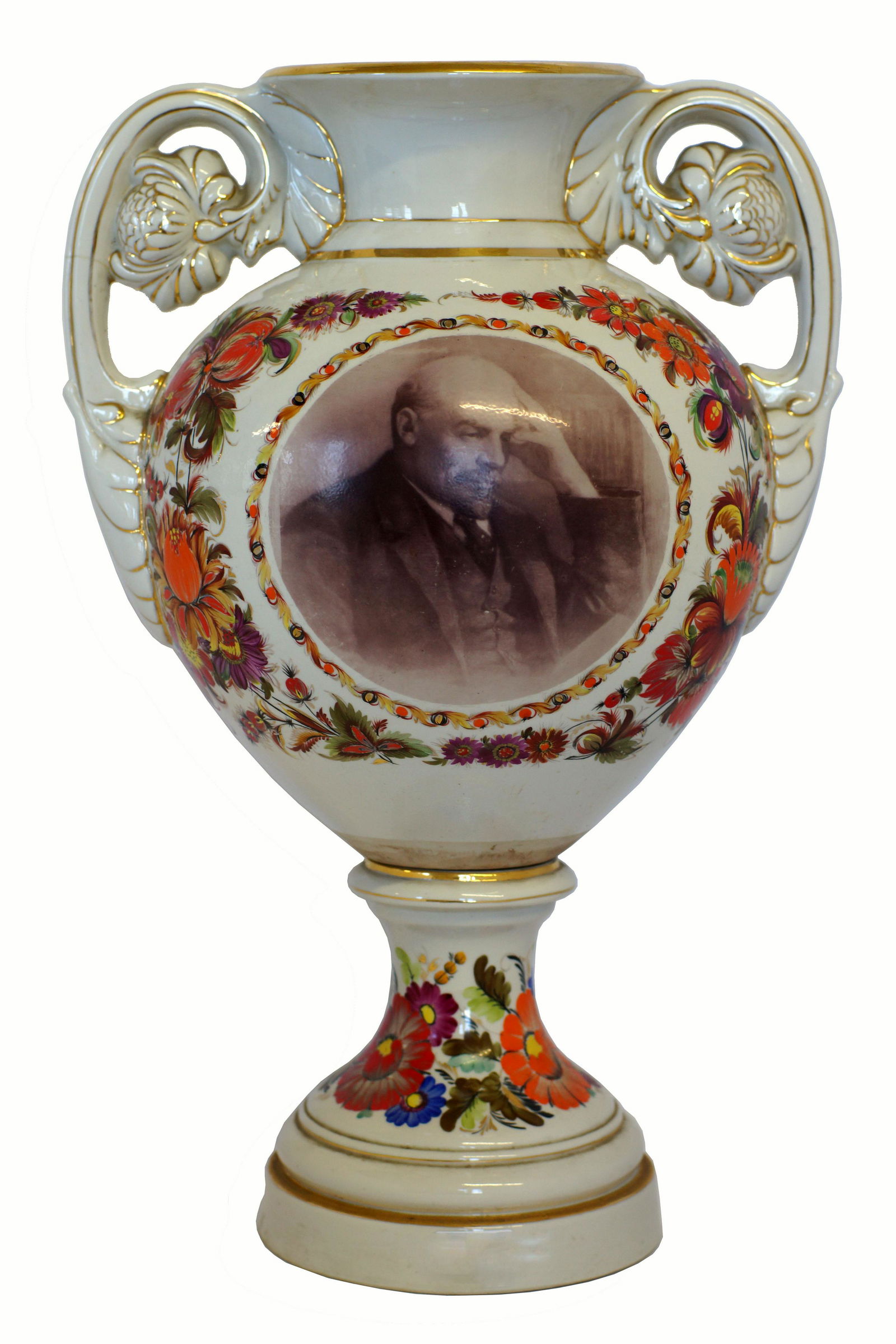 Soviet Propaganda Porcelain Vase Lenin: Very Rare Russian Soviet Propaganda Porcelain Vase with PortraitÂ of Lenin by Faina Krokhina. Made in Baranovka porcelain factory. Circa 1960's, Size H 18.5" x W 12.5" (with handles)Â