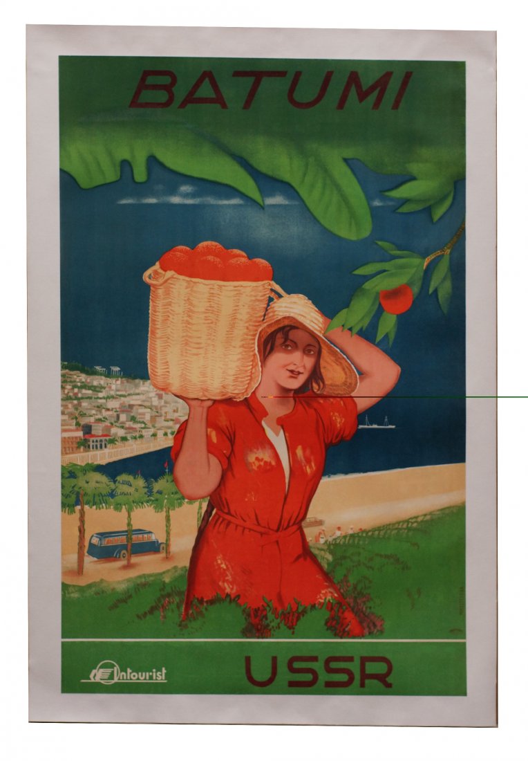 Soviet Vintage Travel Poster BATUMI 1935: Russian Soviet Propaganda Travel Poster "BATUMI" Inturist 1935. Artist M. Nesterova. On canvas back. Size 24.5" x 38.5"