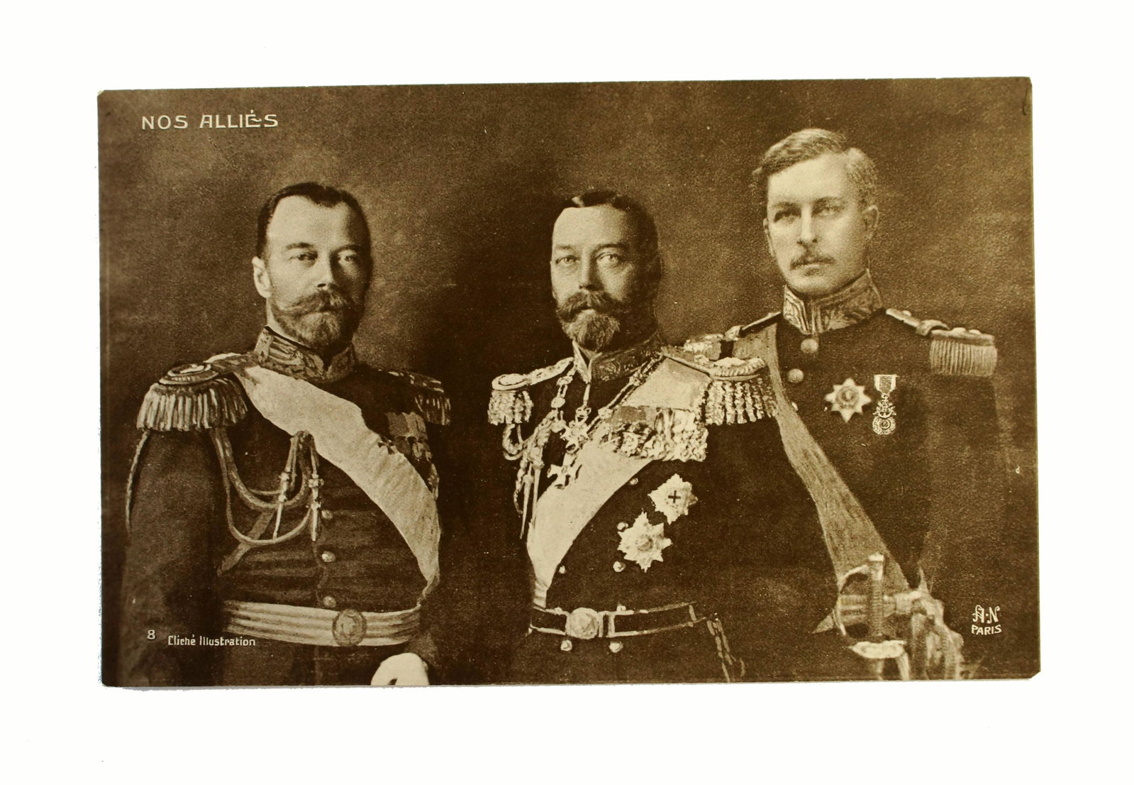 Antique Postcard Nicholas II and George V: Antique Postcard Russian Tsar Nicholas II and George V, Group Photo, circa 1914