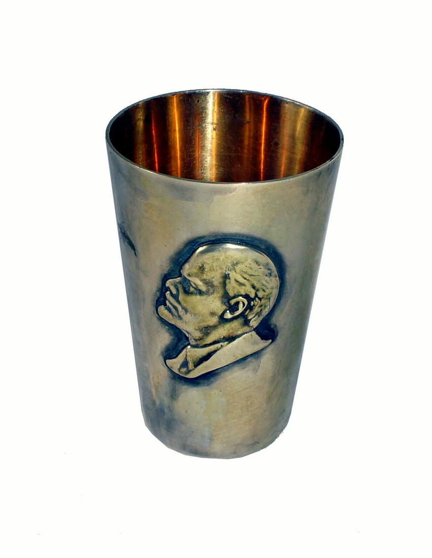 Vintage Soviet Silver Propaganda Cup Lenin: Antique Russian Soviet 875 Silver Propaganda Cup Lenin, size H 2.5", weight 43 gram