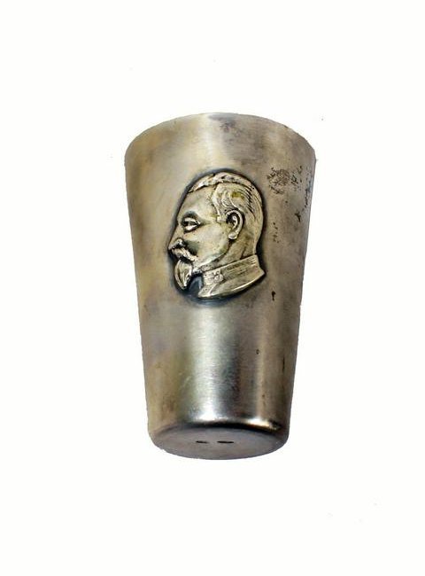 Vintage Soviet Silver Propaganda Cup: Antique Russian Soviet 875 Silver Propaganda Cup, Felix Dzerzhinsky, Iron Felix, Dzerzhinsky led the first two Soviet state-security organizations, the Cheka and the OGPU size H 2.5", weight 45 gram