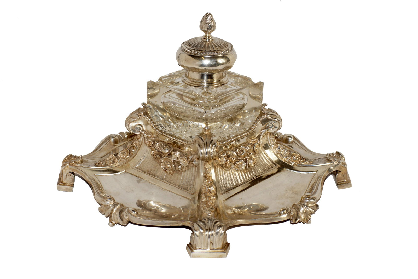Antique Russian 84 Silver Crystal Inkwell 39 oz: Antique Magnificent Russian 84 Silver and Crystal Inkwell and Pen Desk Tray. Crystal Inkwell Cap Marked with 800 Silver and Have Three Dents, Tray is Marked with 84 Silver Mark. Crystal Inkwell Size 3