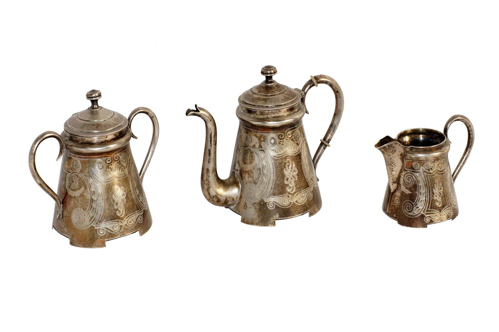 Antique Russian 84 Silver Tea Set of 3: Antique 19th Century Russian 84 Silver Tea Set of 3. Teapot Creamer and Sugar Bowl. All Items Have Multiple 84 Silver Marks and Silversmith Marks. Smallest Size H 3". Largest Size H 5.25". Total Weigh
