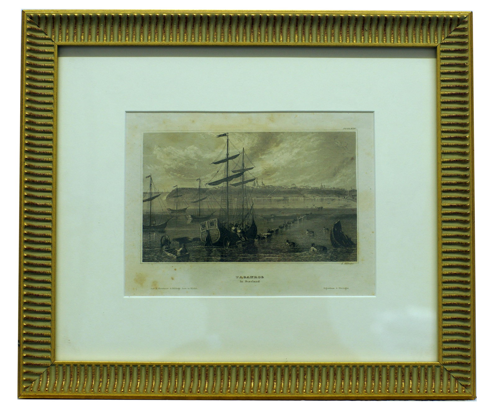 Antique Russian Print Taganrog: Antique Russian Print: 19th century Taganrog, Russia. From the series Meyers Universum, 1840-1860. Print on steel press. Printer Carl Joseph Meyer (1796-1856). Size 5.5 x 7 3/4 in. Size n frame 12 x 1