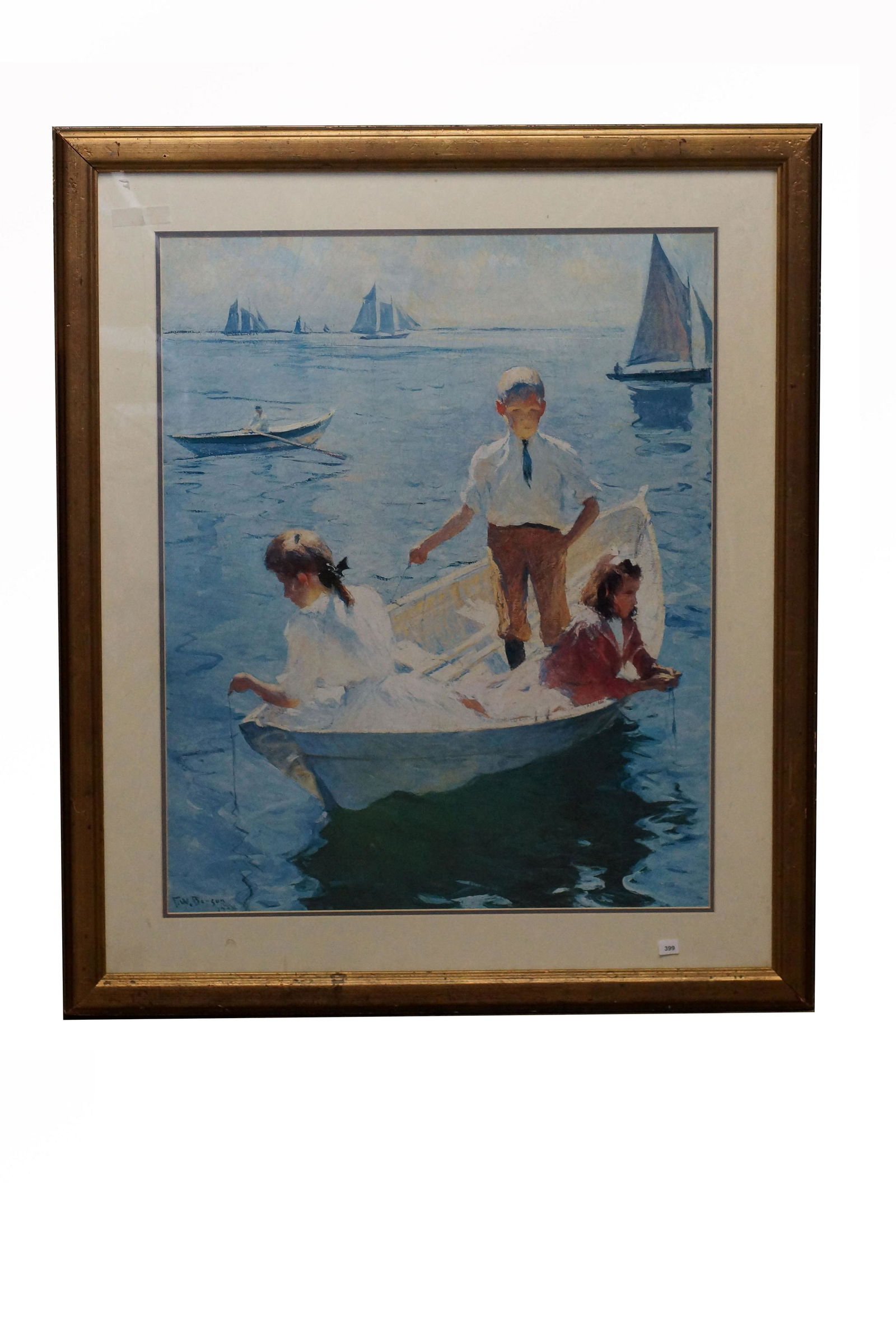 Vintage Print Calm Morning by Frank Benson: Vintage Print After Oil On Canvas Painting "Calm Morning" 1904. by Frank Weston Benson 1862-1951, American. Published by Museum of Fine Arts, Boston 1985. Size 24.5 x 29 3/4 in. Size in frame 33.5 x 3