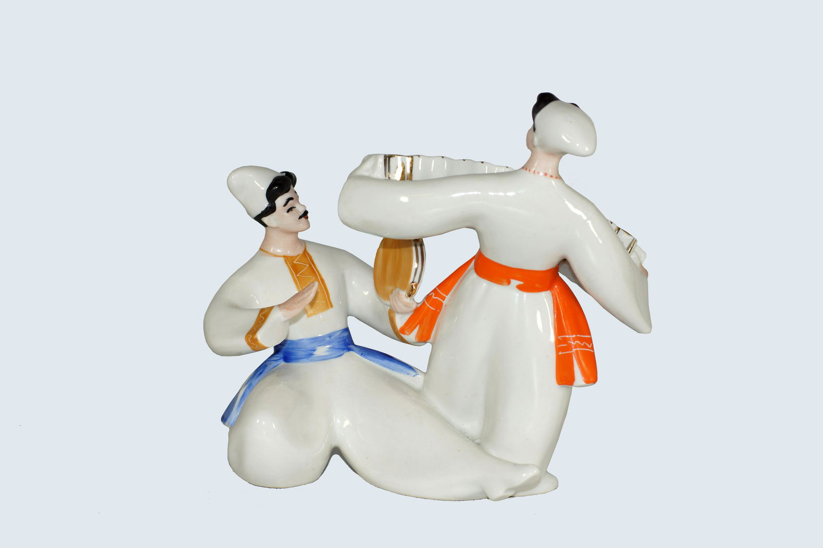 Vintage Russian Soviet Porcelain Figurine 1960's: Vintage Russian Soviet USSR Hand Painted Porcelain Figurine Dancing Ukrainian Cossacks Made by ZXK Factory. Circa 1960's. Size W 7.5" x H 8".