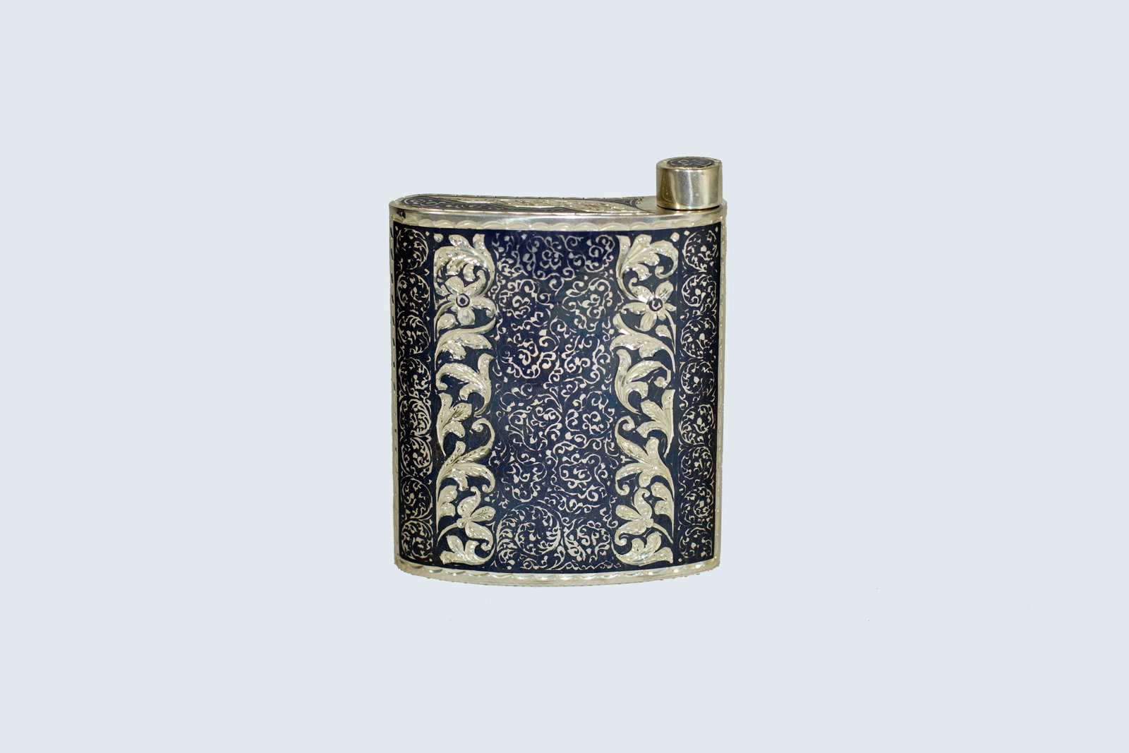 Vintage Russian Caucasian Silver Flask: Vintage Russian Caucasian Silver flask in silver. Unmarked but tested as silver, probably 84 Russian silver. In original box. Size 3" by 4"