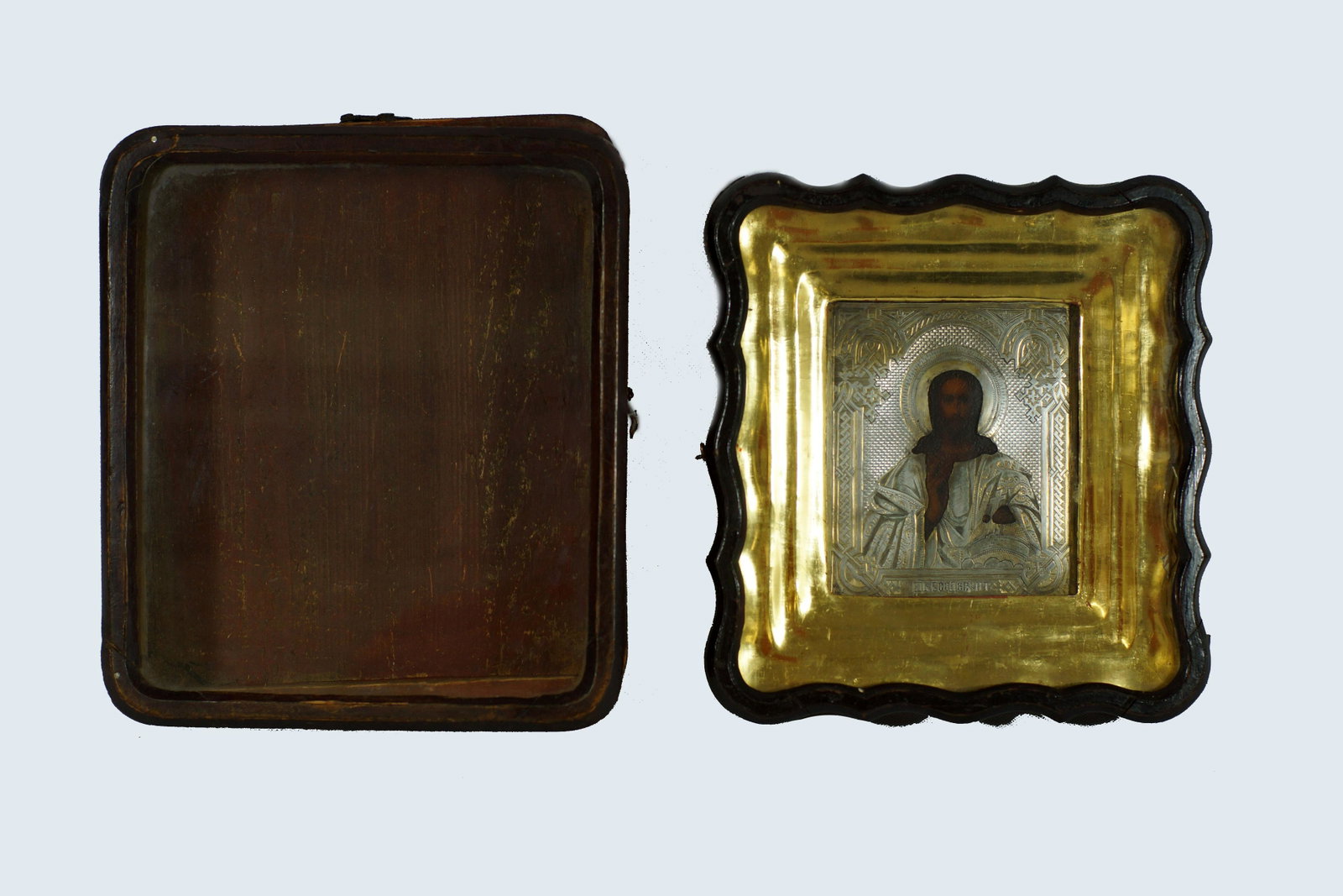 Antique 84 Silver Russian Icon in Shadow Box: Antique 19th Century 84 Gilded Silver (Riza) Russian Icon in Shadow Box. Lot also includes an extra empty shadow box. Icon Size 4.5" by 5.25". Shadow Box 8.5" x 9.5". Extra shadow box size 10 X 8.75.