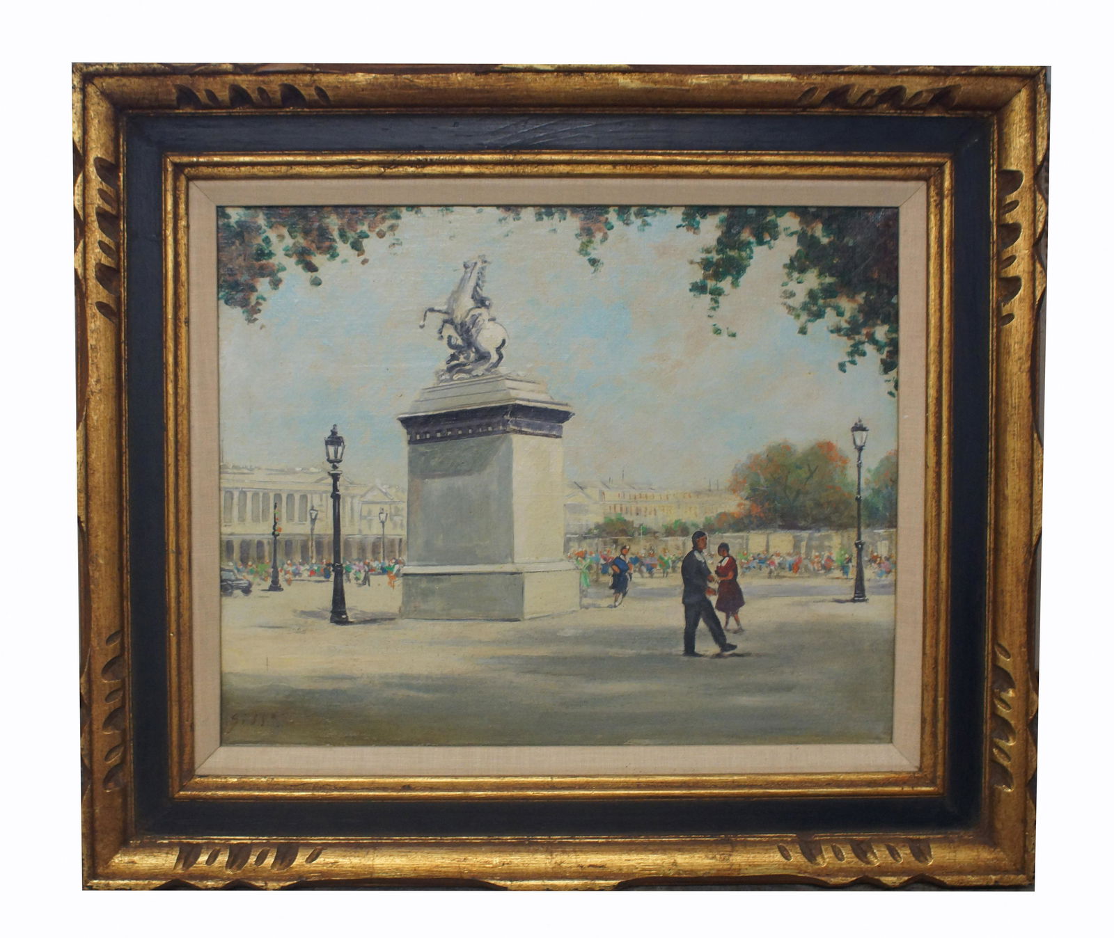 Painting by Andre Gisson 1921 - 2003: City Park Oil on Canvas Painting by Andre Gisson 1921 - 2003. Christies Label on The Back. Size 16" x 20" frame 24" x 28"
