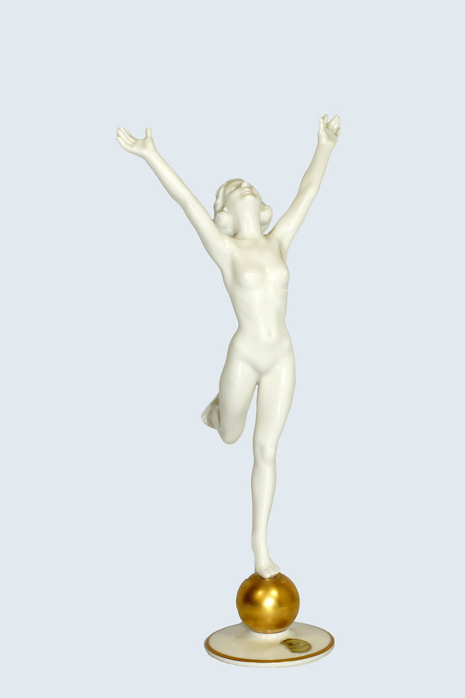 Vintage Hutschenreuther Porcelain Figurine: Vintage Mid Century Hutschenreuther White Porcelain Nude Woman balancing on a golden ball Figurine. Made in Germany. Mark on bottom. Size h 13.25Êº.