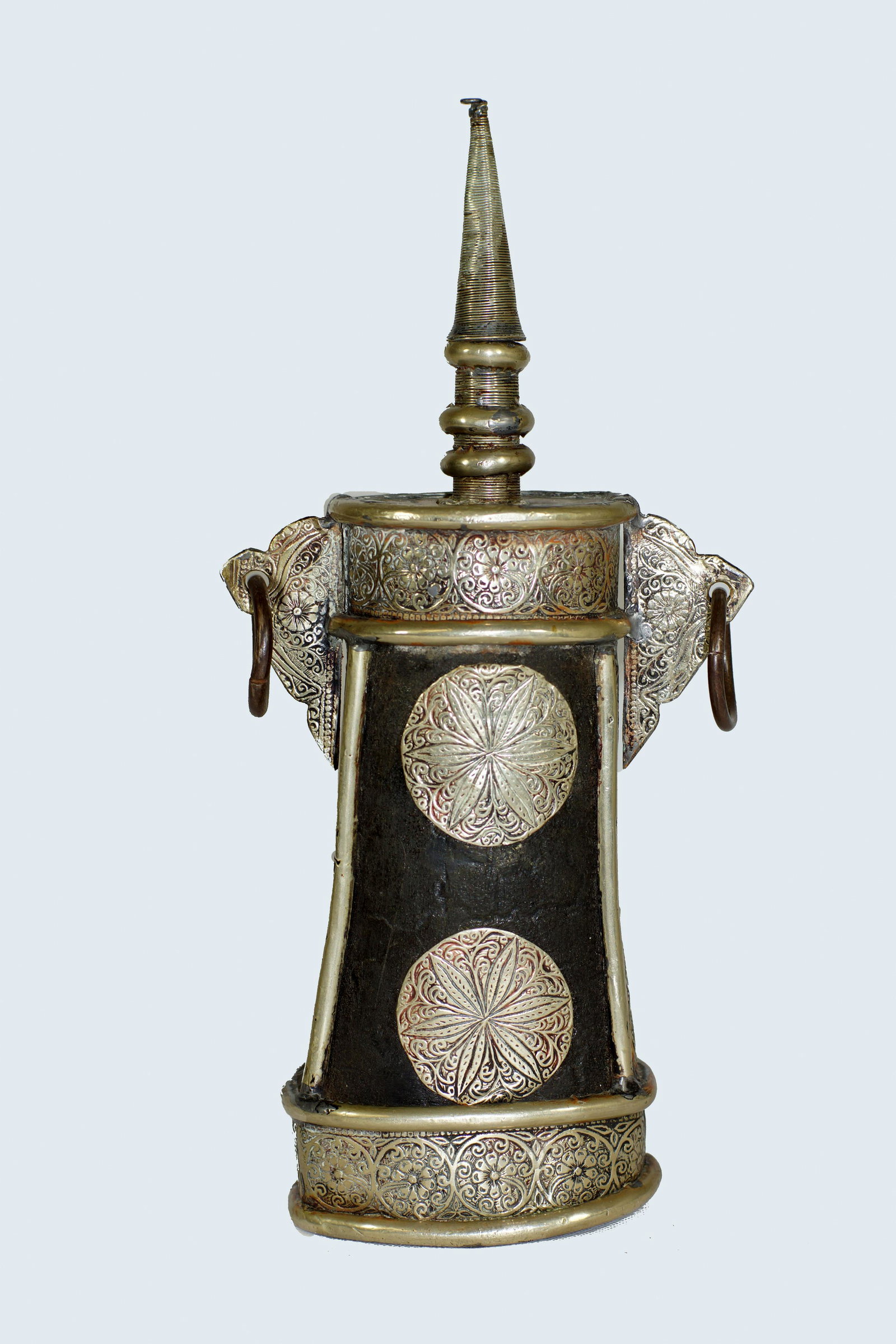 Antique North African 19th Century Powder Flask: Antique 19th Century EMBOSSED SILVERED BRASS North AFRICAN (MOROCCAN/TUNISIAN) POWDER FLASK, circa 1850's. Of fine quality with extensive, floral-vine scroll engraved and embossed, sheet-silver decora