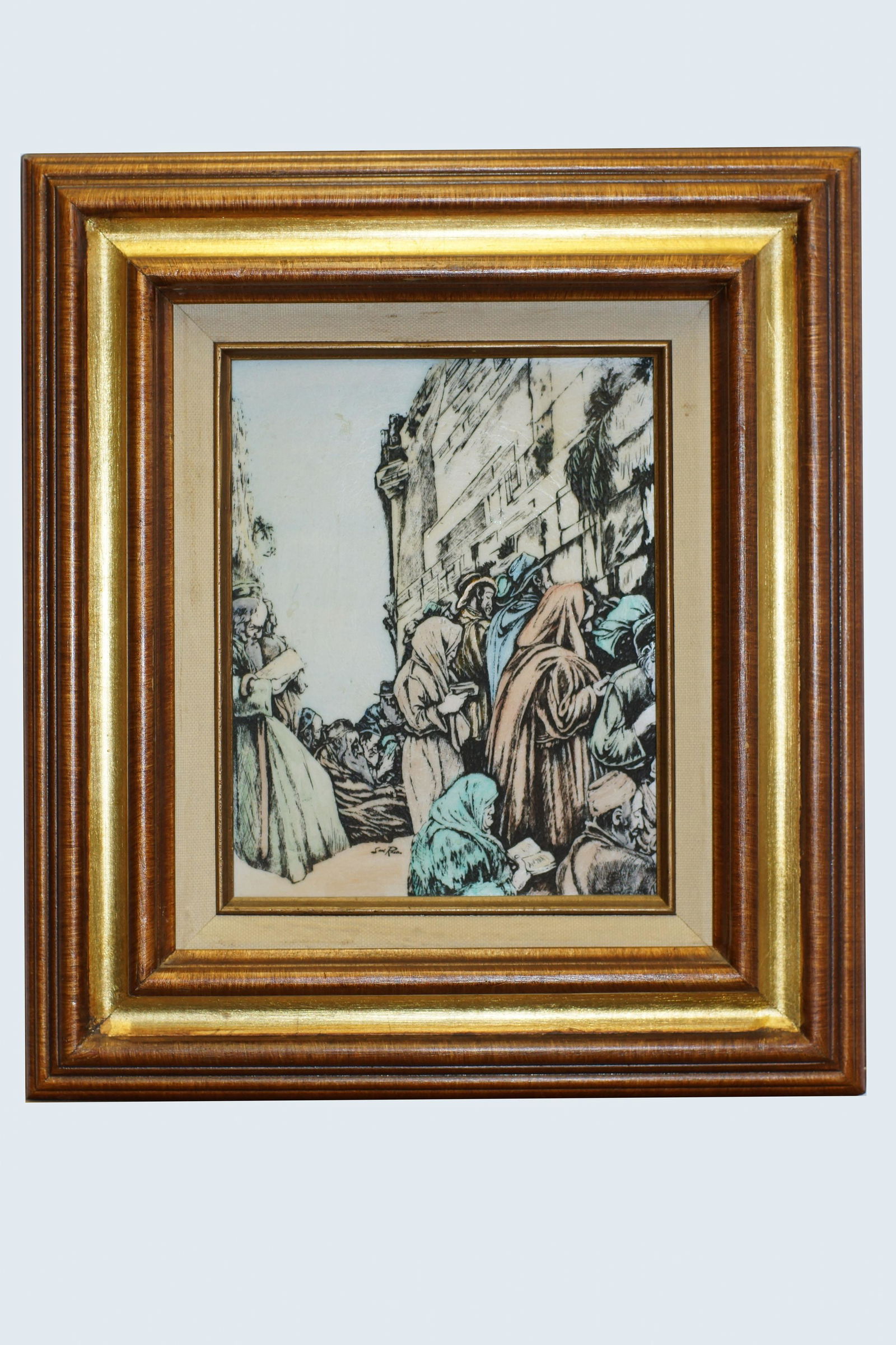 Vintage Judaica Saul Raskin Acrylic Painting: Vintage Jewish Art. Acrylic Painting on hard plastic resin additionally detailed with carving. Featuring men and women praying at the Wailing Wall (The Kotel) by Saul Raskin (1878-1966). Saul Raskin w