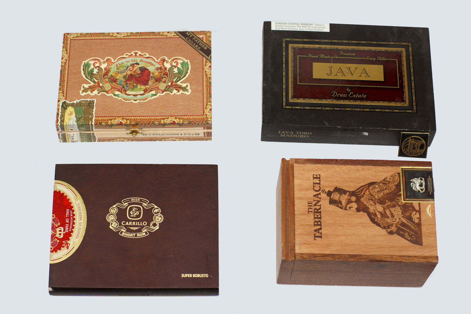 Vintage Cigar Boxes Mixed Lot of Four: Vintage Cigar Boxes Various Brands and Sizes. Lot of Four: The Tabernacle, My Father Cigars, EP Carillo Short Run, Java by Drew Estate.