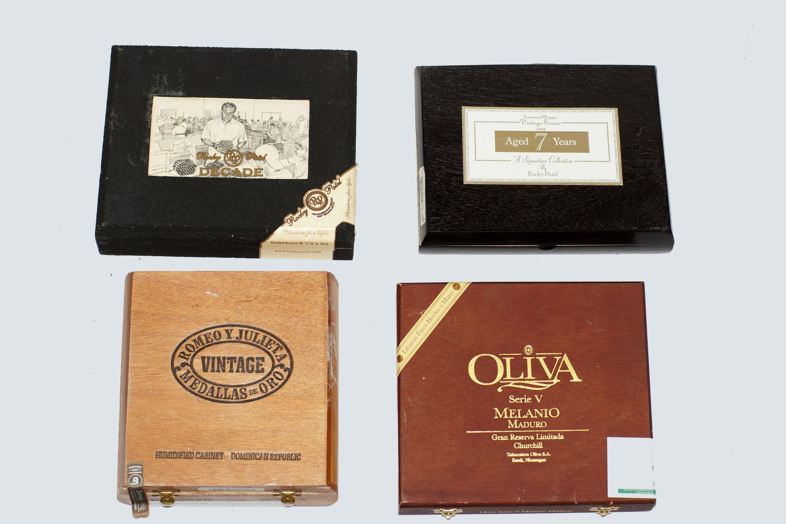 Vintage Cigar Boxes Mixed Lot of Four: Vintage Cigar Boxes Various Brands and Sizes. Lot of Four: Romeo Y Julieta Vintage II, Torpedo, Oliva.