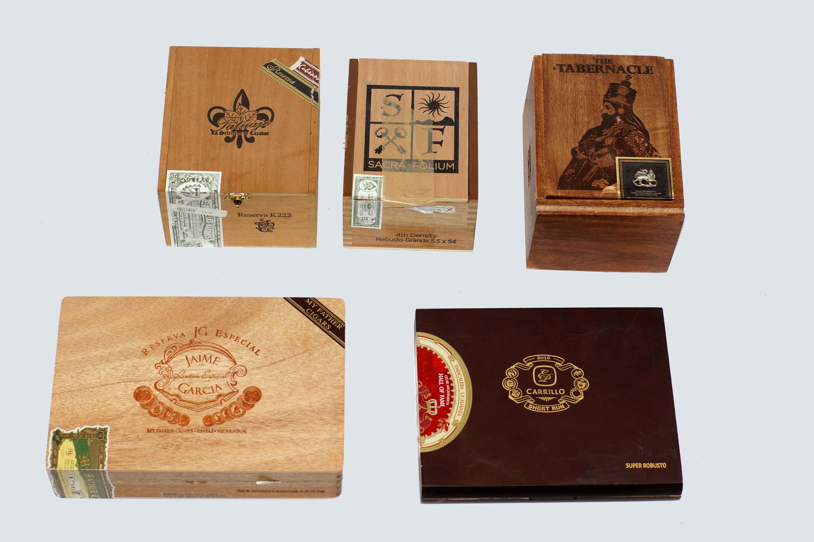 Vintage Cigar Boxes Mixed Lot of Five: Vintage Cigar Boxes Various Brands and Sizes. Lot of Five: Sacra Folium Cargar Co., the Tebernacle, 25 Reserva K222, My Father Cigars, Carrillo Short Run