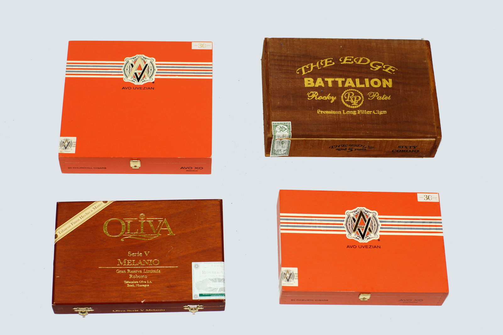 Vintage Cigar Boxes Mixed Lot of Four: Vintage Cigar Boxes Various Brands and Sizes. Lot of Four: Oliva, Avo Uvezian (X2), The Edge Battalion.