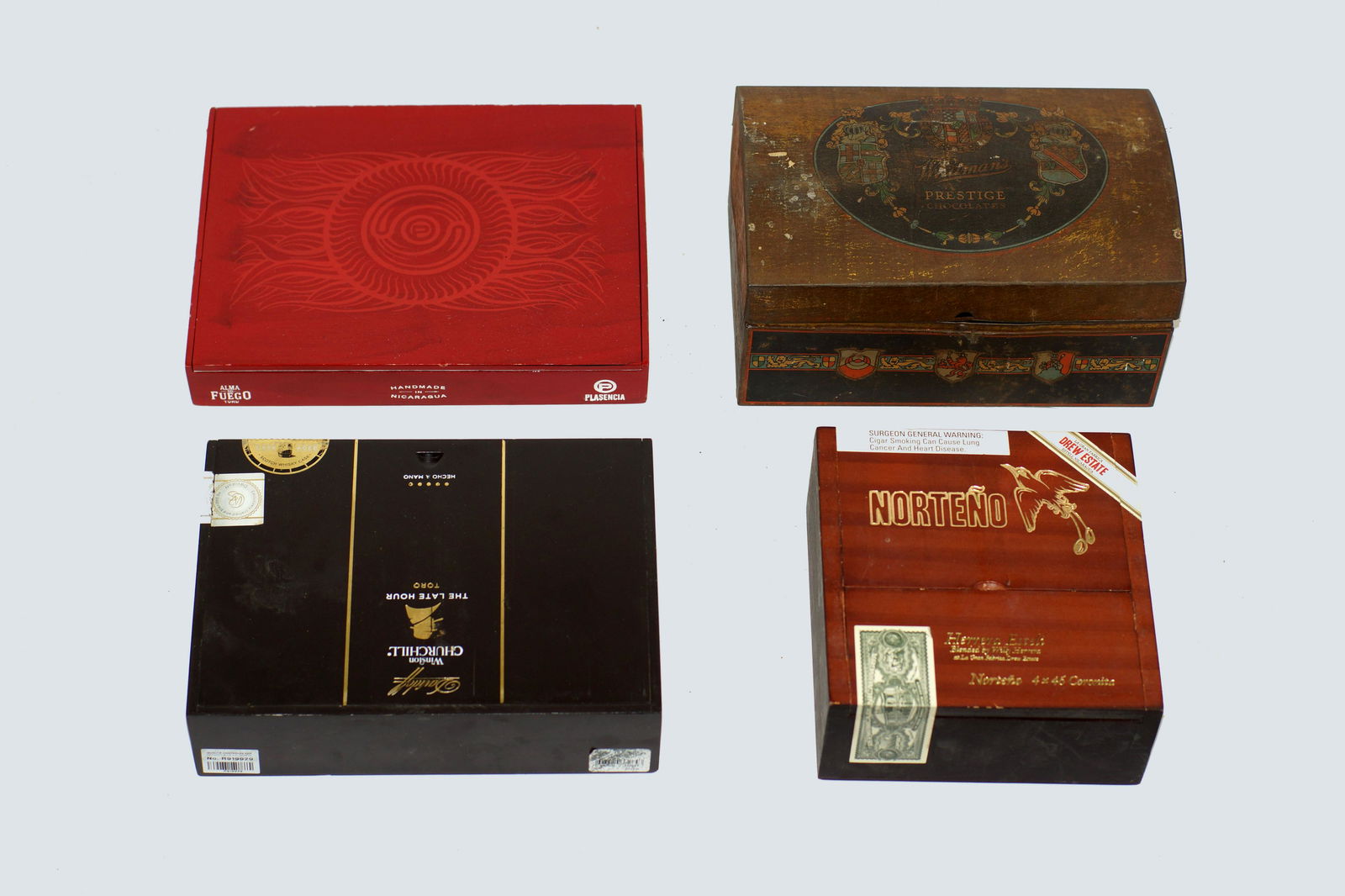Vintage Chocolate Box and 3 Cigar Boxes: Vintage Chocolate Box: Whitman's Prestige Chocolates; Cigar Boxes Various Brands and Sizes. Lot of Three: Norteno Drew Estate, Davidoff Winston Churchill, Concepcion.