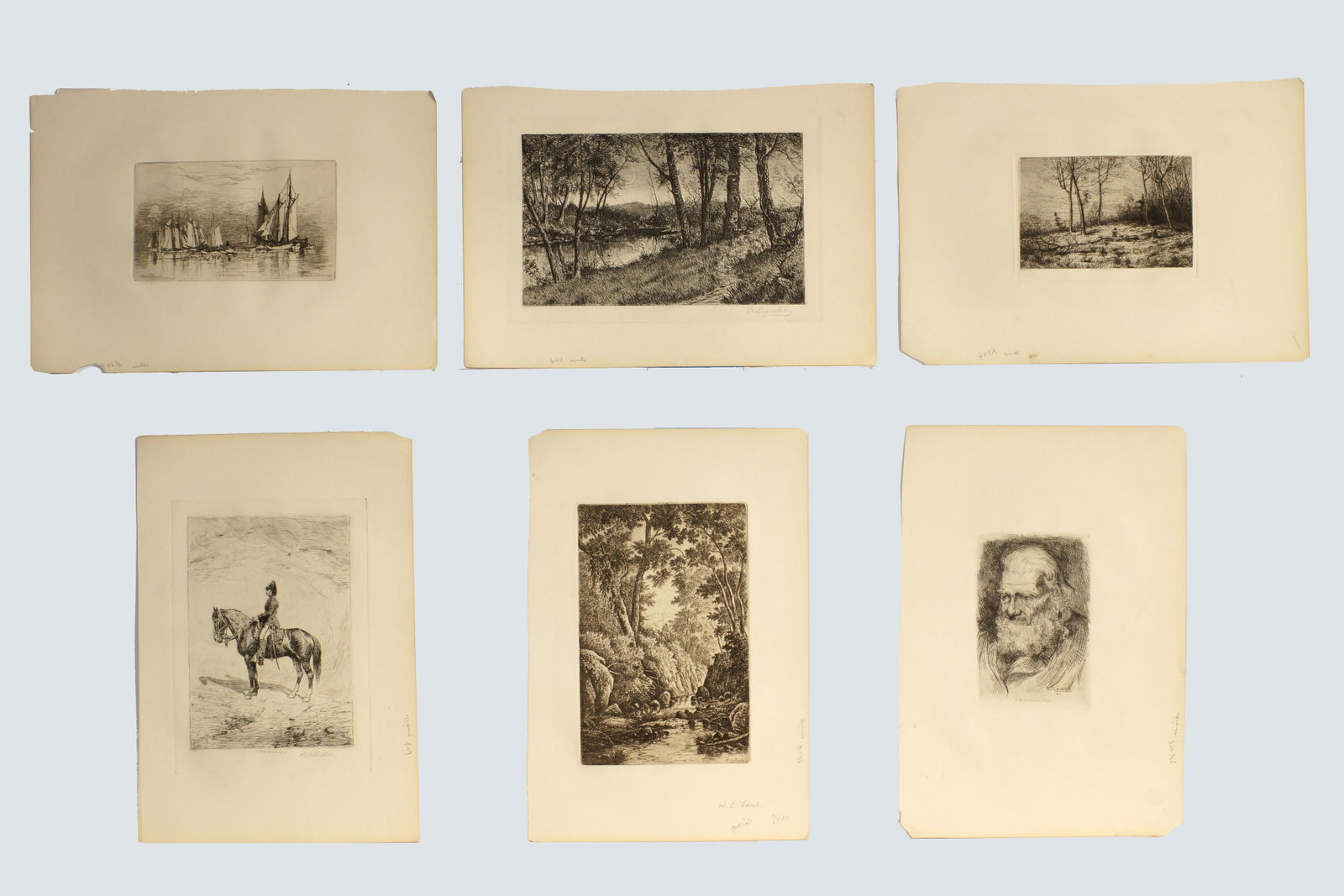 Vintage Black and White Etchings Lot of Six: Vintage Black and White Etchings Lot of Six. Sheet Sizes 8.25" X 11.75": Old Man by J.L. Lauber 1981; Officer by W. H. Shelton, River View by H.C. Ford, Forest Scene, River bank by B. Lander; Marinesc