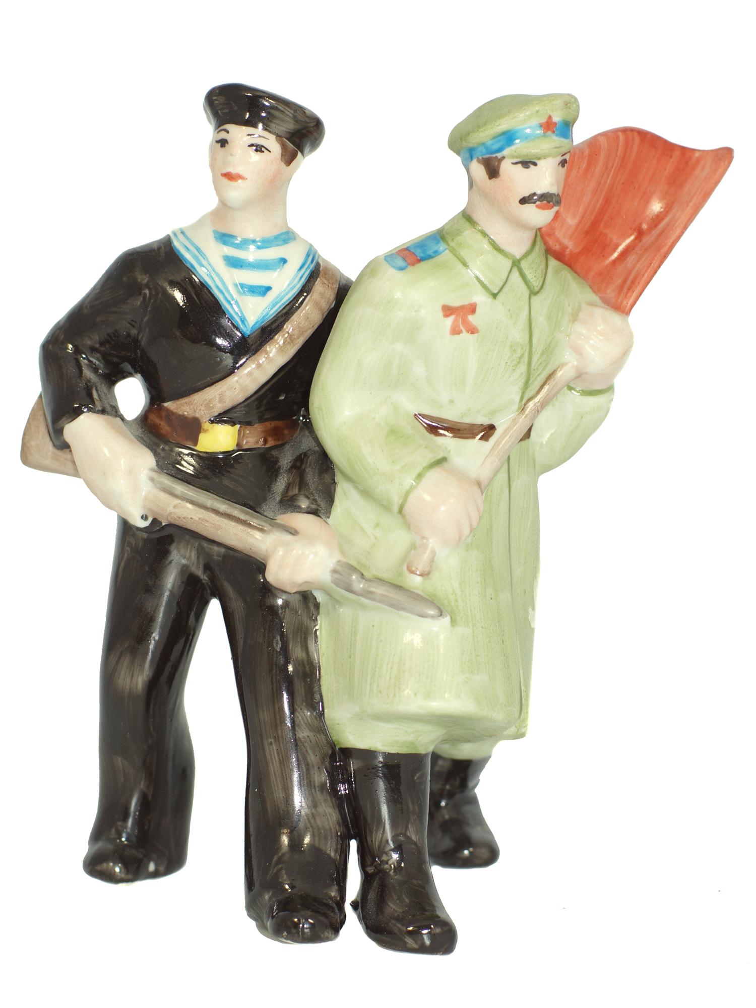 A Soviet Porcelain WWII Figure Soldier/Marine: A Soviet Porcelain WWII Figurine. Russian Marine and Soldier with flag. Size h 6.25". Signed by the Artist, Prisyazhnyuk.