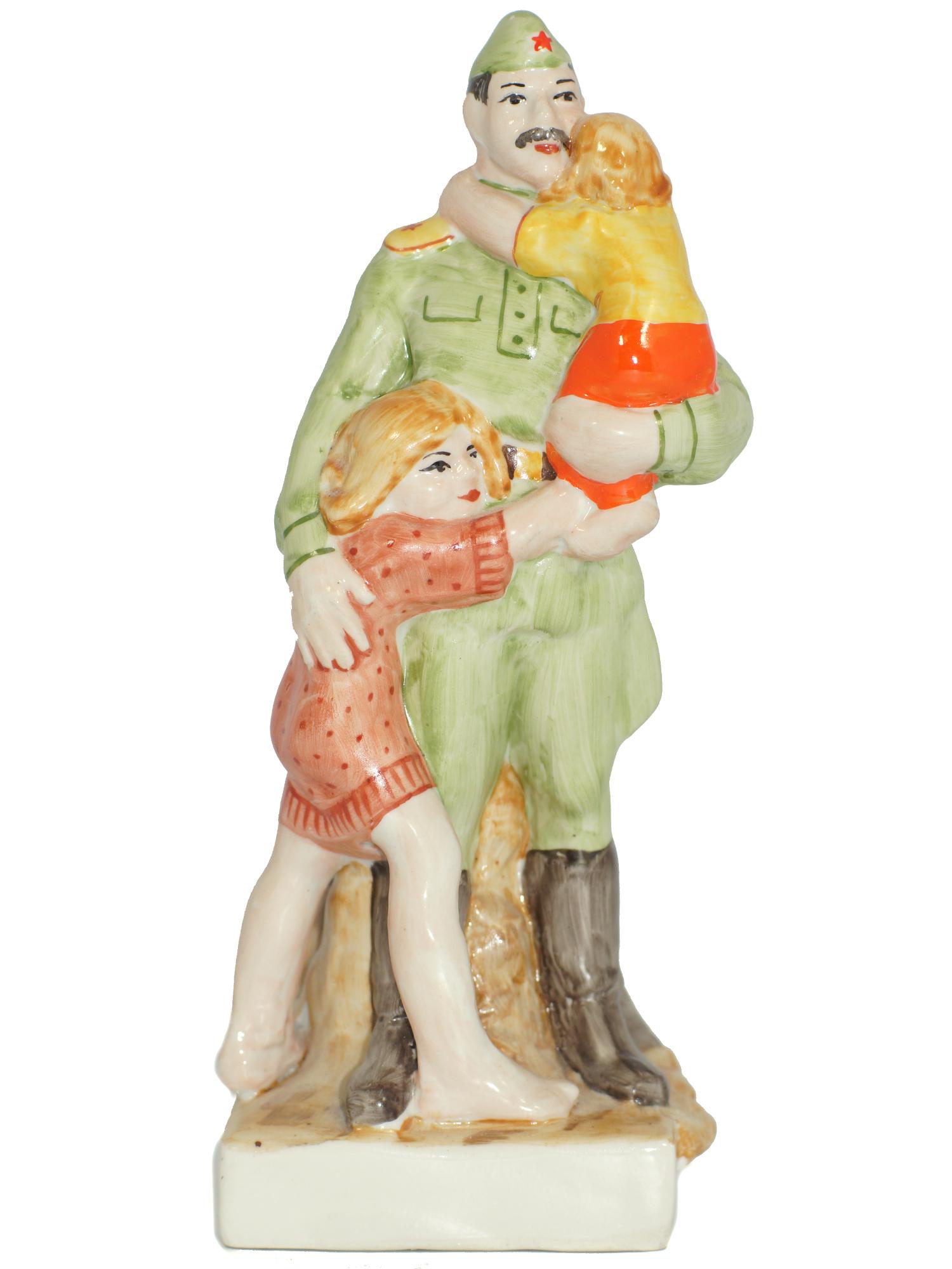 A Soviet Porcelain WWII Figurine Soldier/Kids: A Soviet Porcelain WWII Figurine. Soviet soldier rescuing kids. Signed by the Artist, Nazarenko. Size h 7.75".