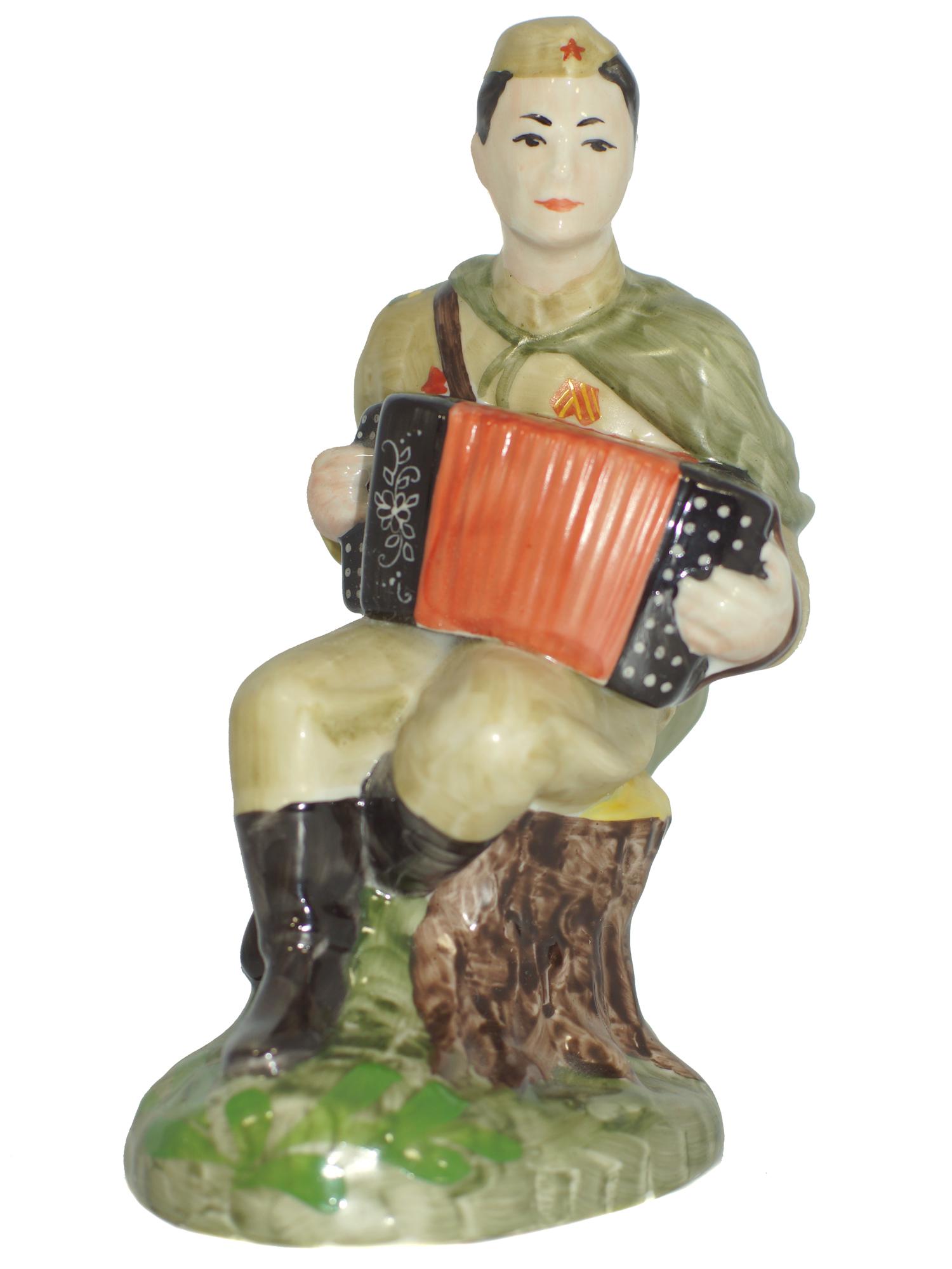 A Soviet Porcelain WWII Figurine Soldier Playing: A Soviet Porcelain WWII Figurine. Russian Soldier sitting and playing Harmonium. Signed by the Artist, Prisyazhnyuk. Size h 7".