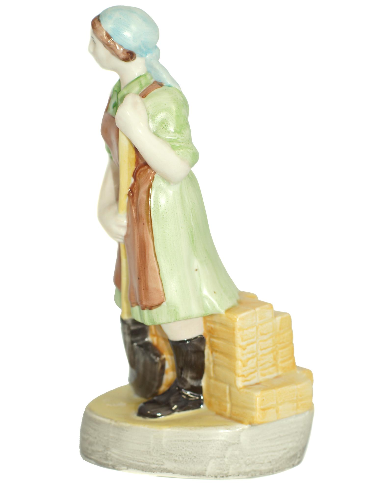 A Soviet Porcelain WWII Figurine Lady with Shovel: A Soviet Porcelain WWII Figurine. Soviet worker woman with a shovel. Signed by the Artist, Prisyazhnyuk. Size h 6.75".