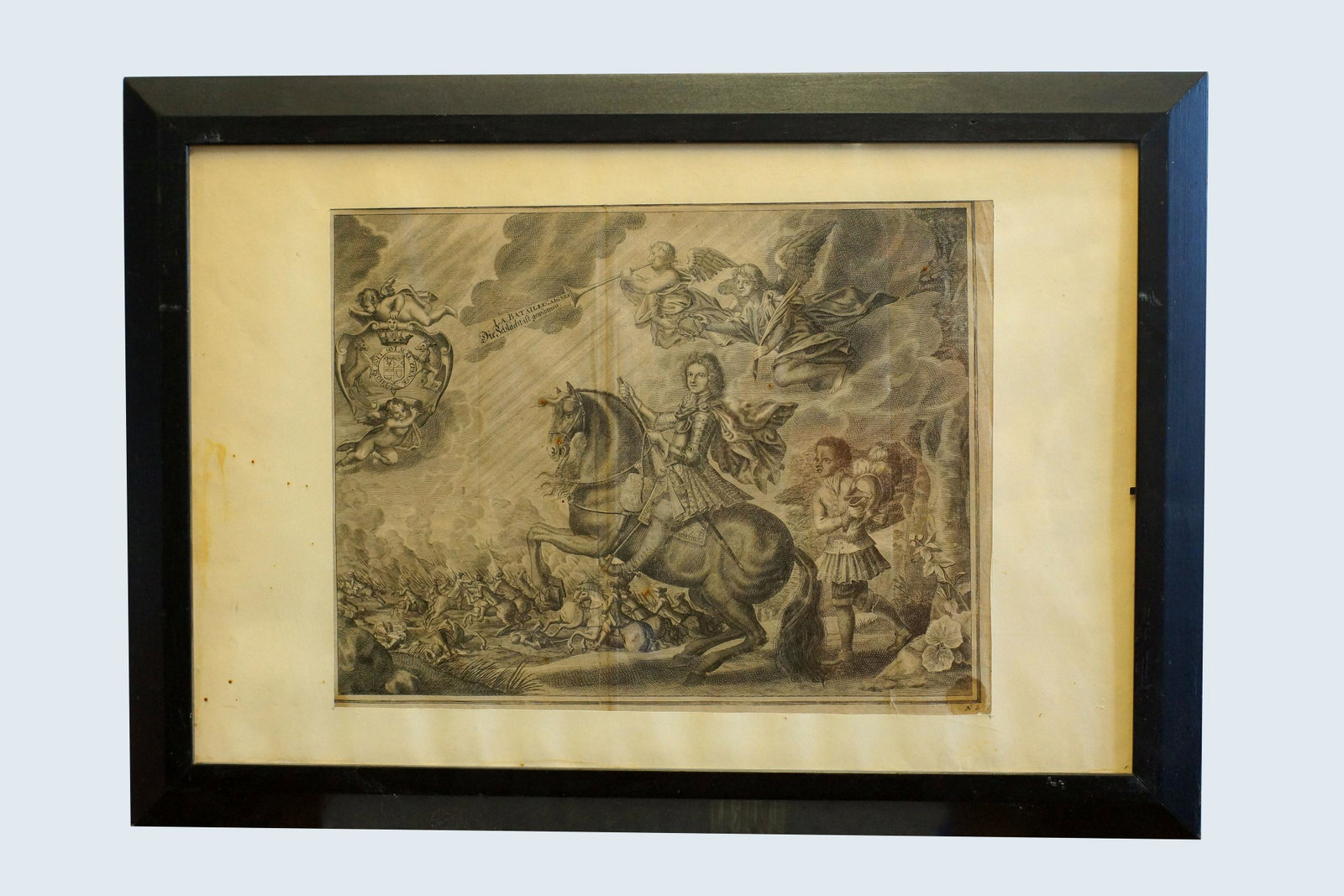 Antique Engraving of A William Cavendish: Antique 17th - 18th Century Engraving of A William Cavendish. Duke of Newcastle. La Bataille Gagnee. Cavendish fought for King Charles I but fled to the continent when the king was executed and Cromwe