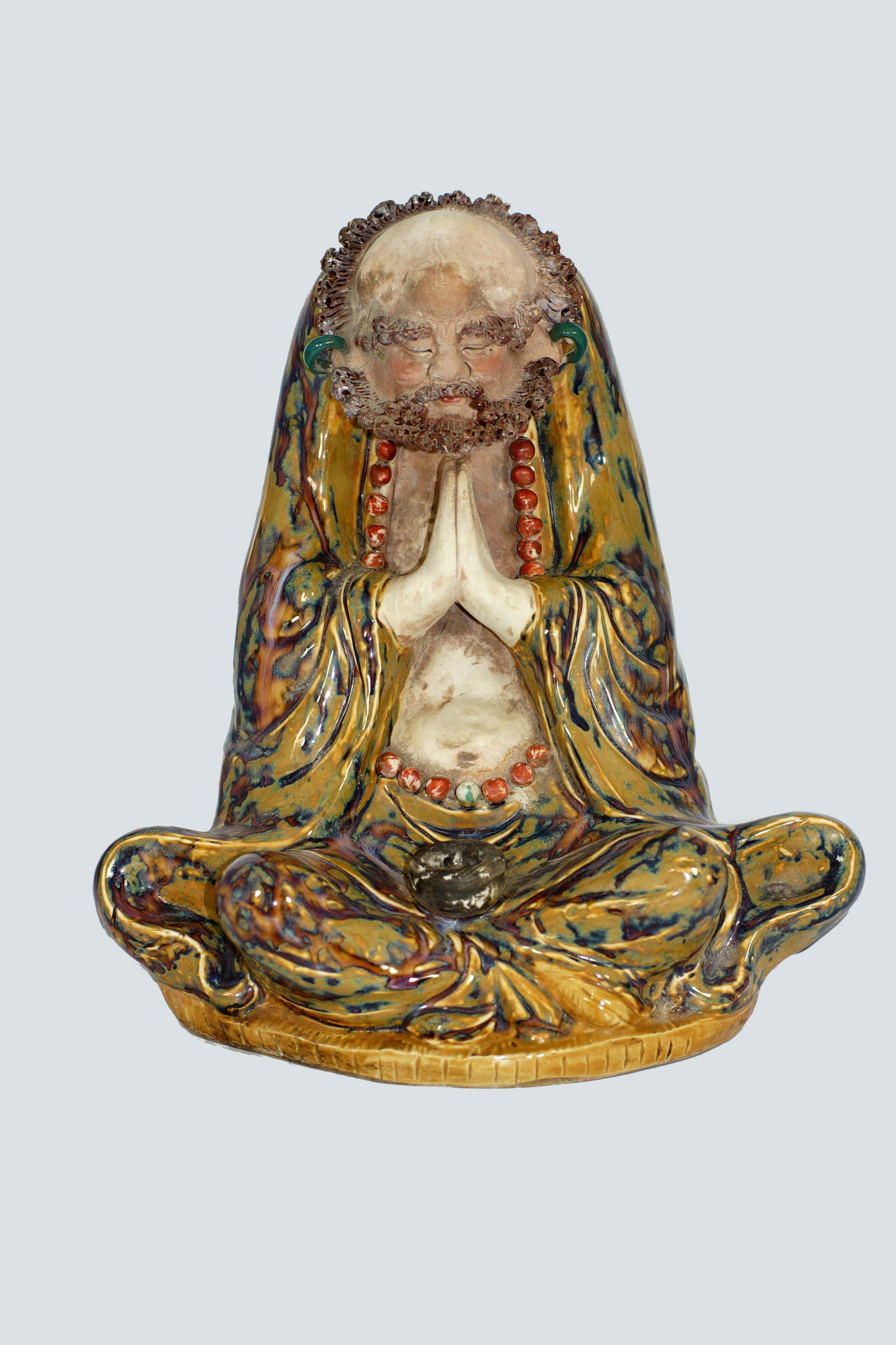 Chinese Porcelain Sculpture of Man in Deep Prayer: Chinese Porcelain Sculpture of Man in Deep Prayer. Large Statue-Detailed Pottery Figure. Hand Painted. Size 10" X 12".