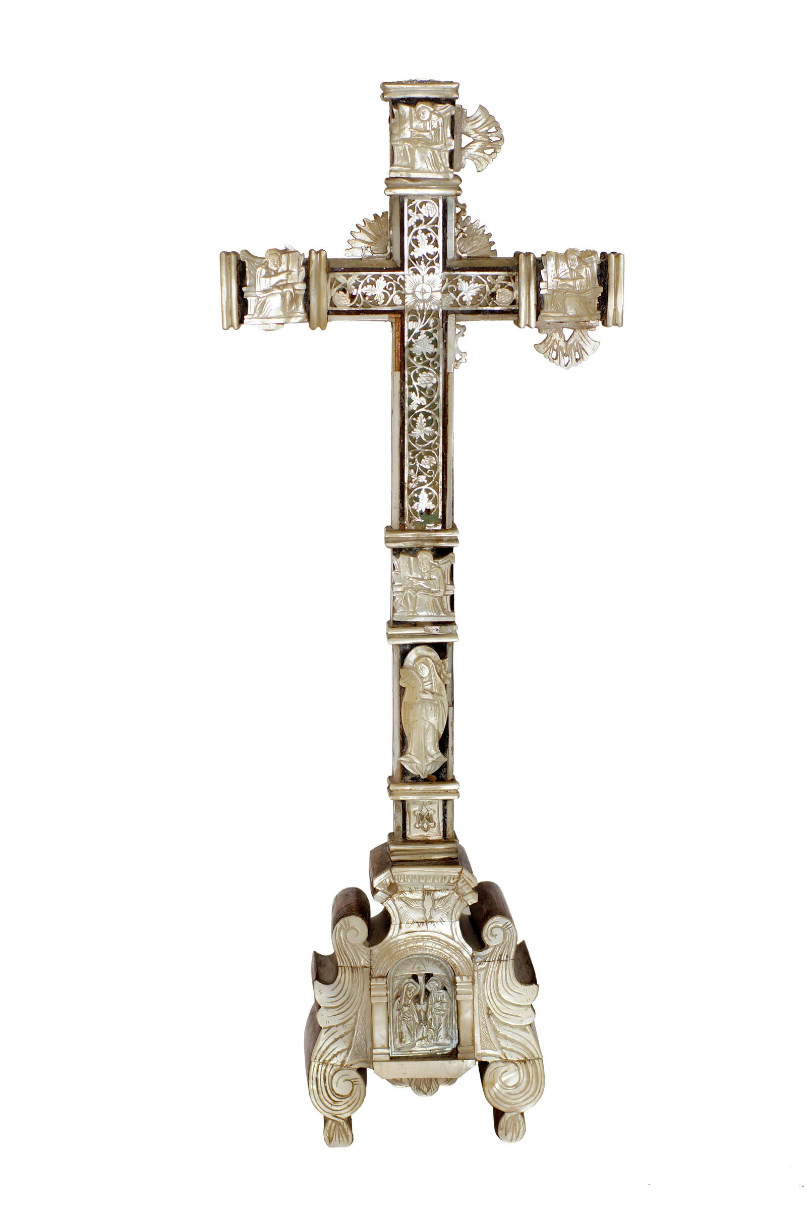 Antique Catholic Wood Cross Mother of Pearl: Antique or Vintage Catholic Wood Cross. Decorated with Mother of Pearl. Size H 15"
