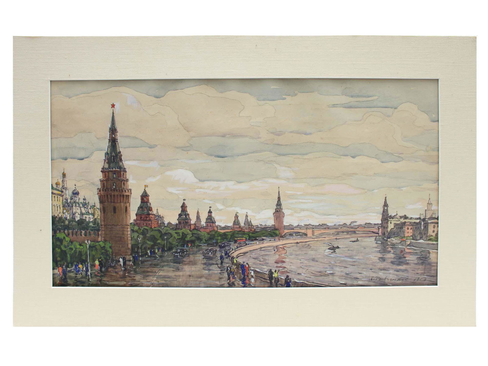 Antique Russian Painting View of Kremlin: Antique Russian Soviet watercolor painting of Kremlin by Russian Artist Boris Fedorovich Rybchenkov 1899-1994, signed and dated 1953, lower right. The works of Rybchenkov are displayed at the State Tr
