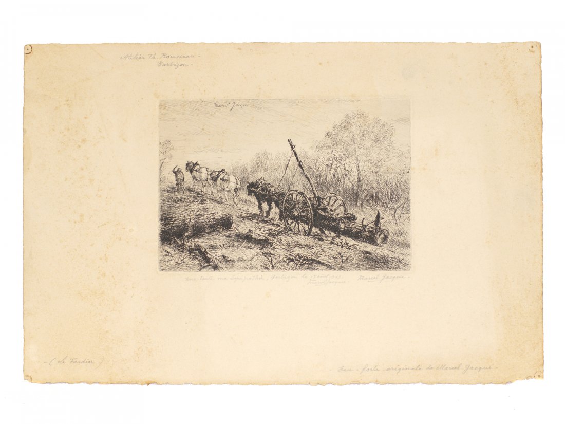 An Antique 19th Century Etching by Marcel Jacque: Marcel Jacque (19/20th century), a well-listed French artist from the Barbizon school. Barbizon is the real birthplace of Plein Aire Impressionism. This etching depicts a villager with horses from Bra