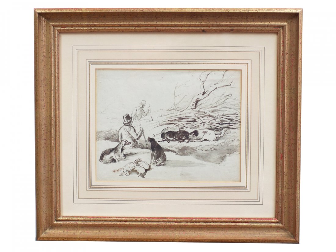 A FRENCH ANTIQUE WATERCOLOR PAINTING: Watercolor on paper depicting a hunting scene. Framed, unsigned. The French Impressionism School. Possibly drawn by a famous French impressionist. Carca second half of the 19th century. Dimensions: 12