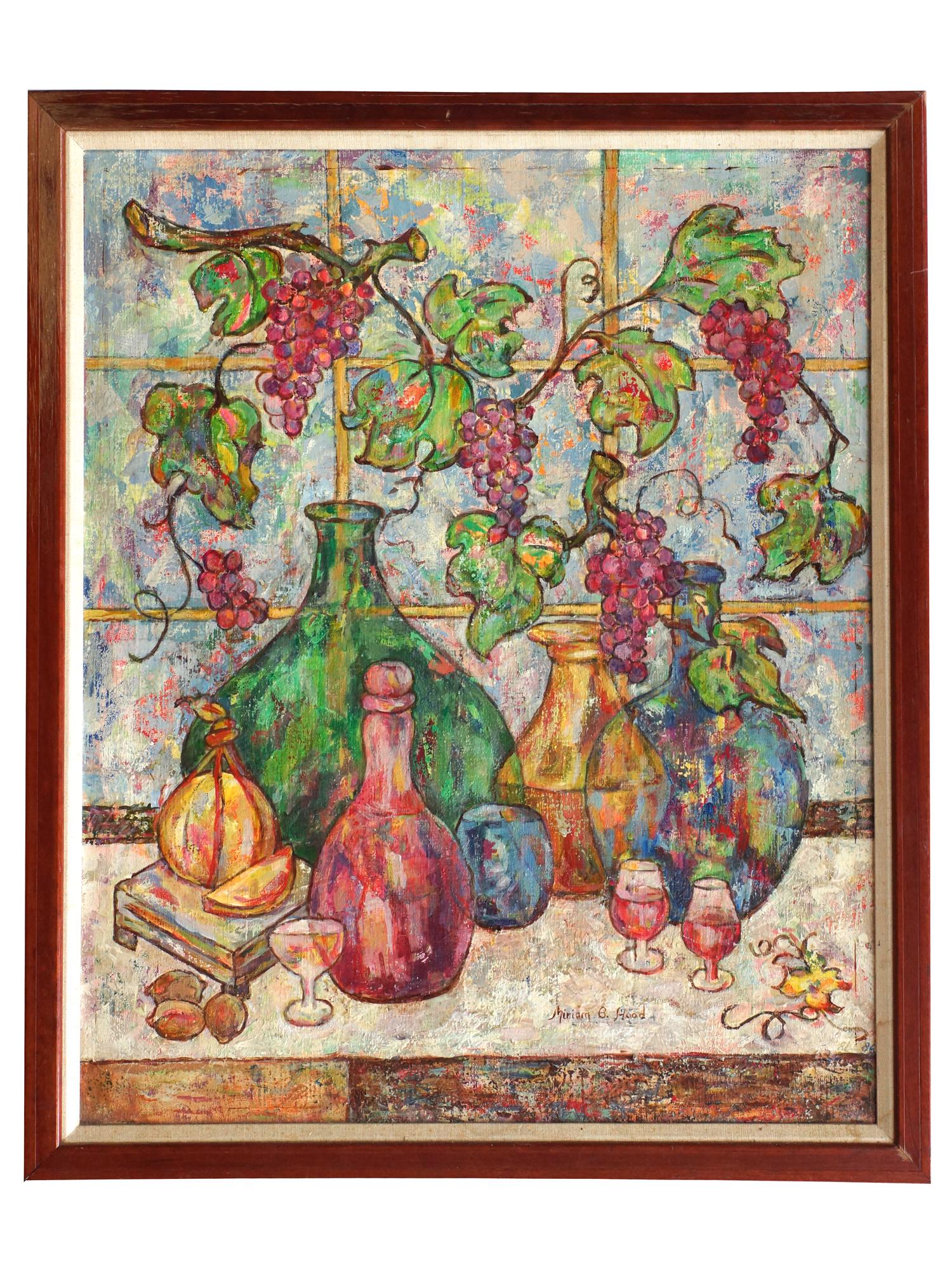 A Still Life Oil on Canvas by Miriam Burton Hood: Still Life with Grapes Oil on Canvas by Miriam Burton Hood (1913-2011). Mrs. Hood was recognized in Dade County, FL, as an accomplished artist. She attended the Ringling Art School in Sarasota and the