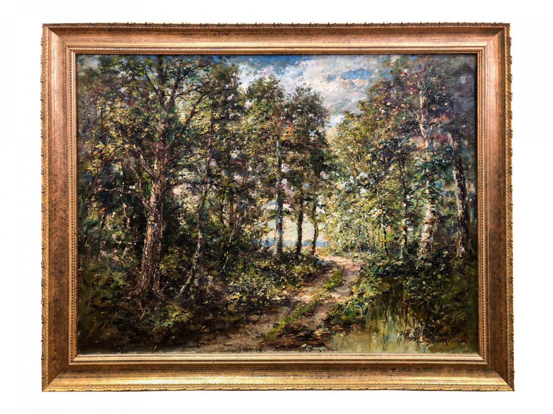 An Oil on Canvas Painting "A Forest Scene" by W.S.: The Old Road by William Savery Bucklin (1851 - 1928). William Savery Bucklin was active/lived in New Jersey and Connecticut. William Bucklin is known for landscape, figure and mural genre. Signed lowe