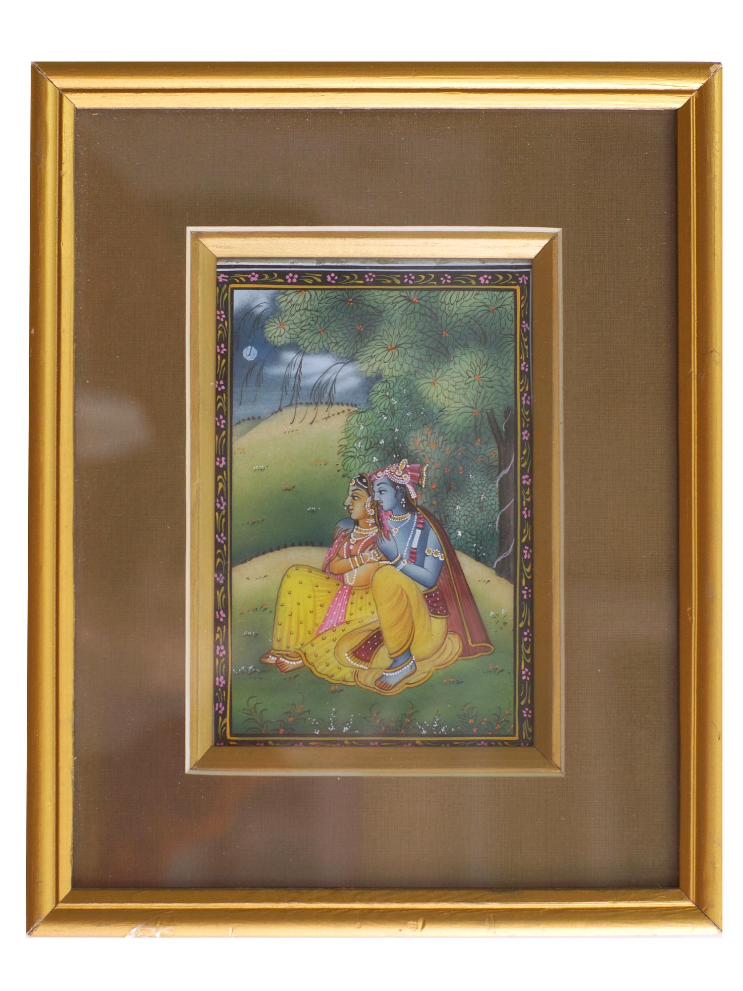 An Indian Color Hand-Painted Miniature of Krishna and: A Color miniature of the Supreme Personality of Godhead Lord Krishna and Radharani, his consort, who is the original source of all shaktis or feminine manifestation of divine energy. Artist unknown, u