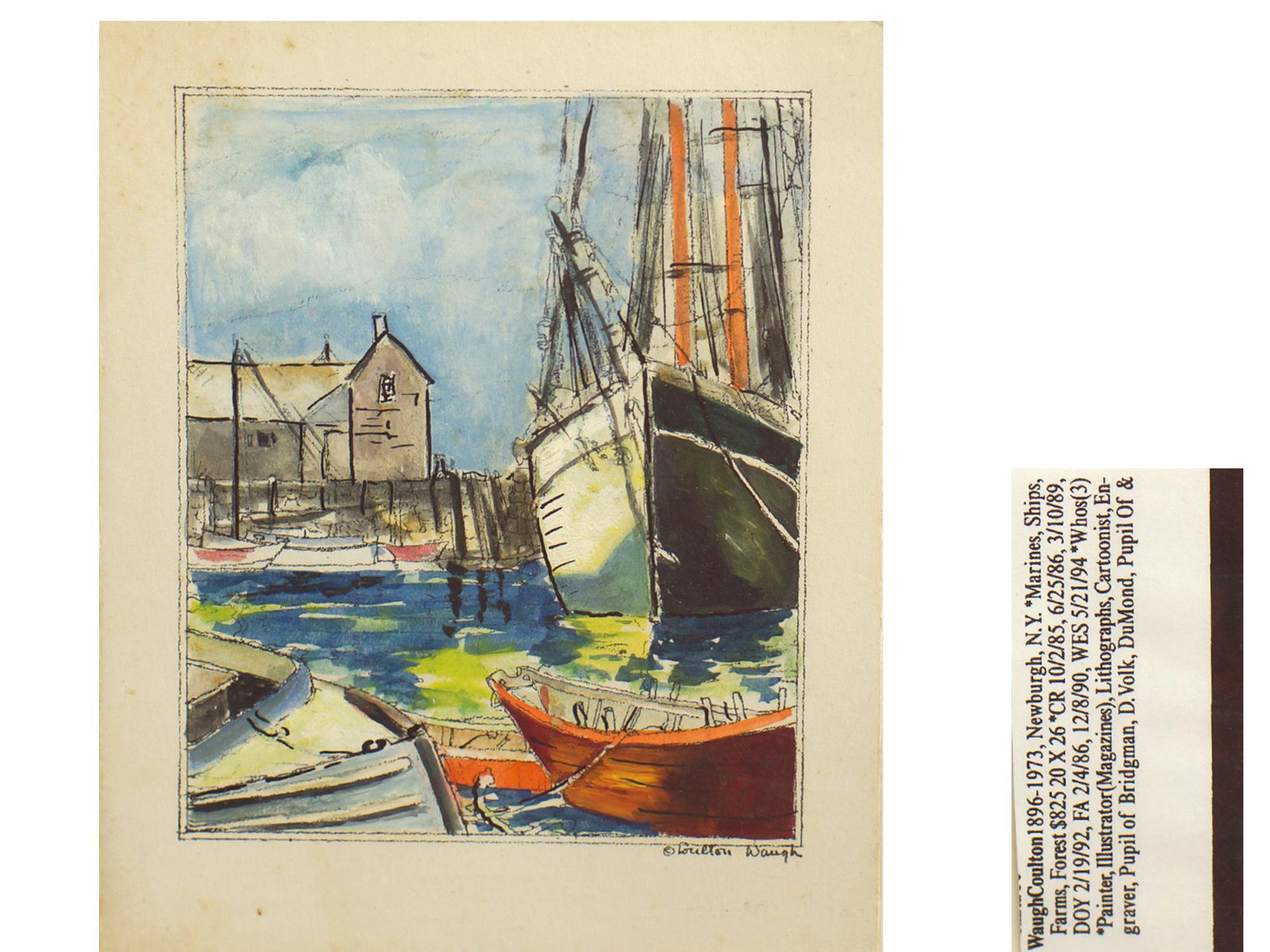 A MARINE WATERCOLOR PAINTING BY COULTON WAUGH: Depicting fisherman boats in a village marina. Coulton Waugh (1896 - 1973) was active/lived in New York. Known for the marine, genre, still life and cartoons. Dimensions: 4.75 X 5.25 in.