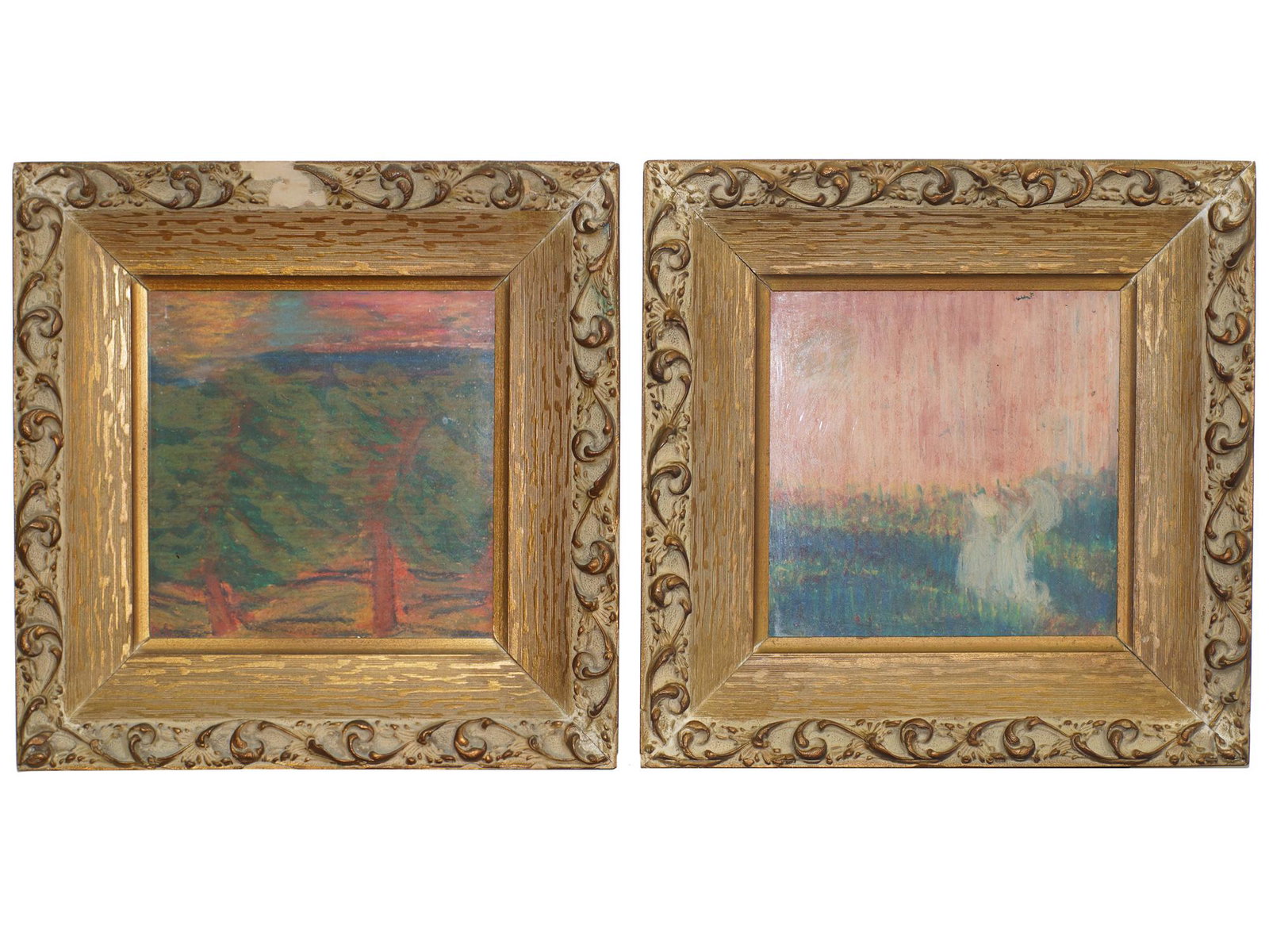 A PAIR OF IMPRESSIONIST OIL PASTELS ON PAPER. 20TH C.: Oil pastels on paper with the view of a sunset. On the back of the frame, there is a label indicating Â«ParisÂ». One painting depicts sprawling pines. The second picture shows ladies in white dres