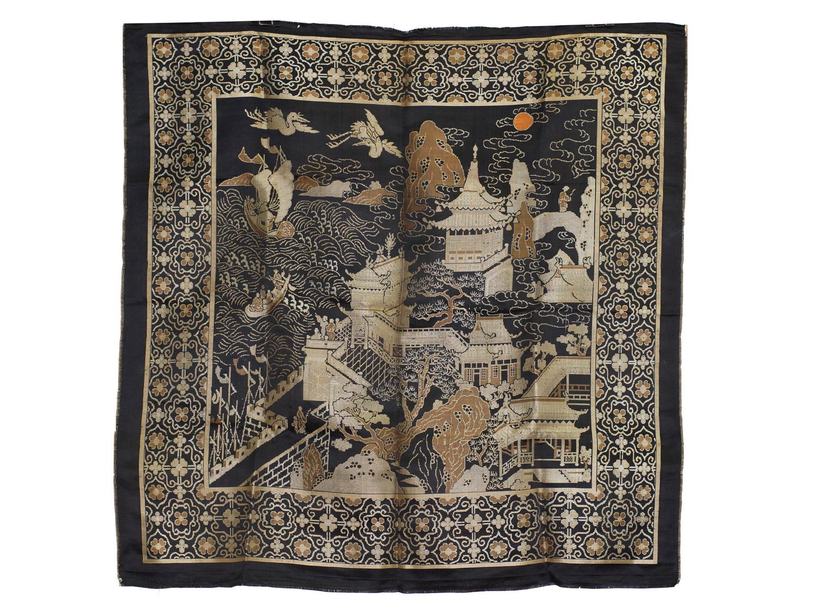 A VINTAGE CHINESE SILK SCARF WITH LANDSCAPE. 20TH C.: Black silk scarf with a complex golden pattern in the form of a landscape. The image has many details that make it very interesting. Dimensions: 40 x 40 in. Provenance: Collection of Edward Hyers Clay