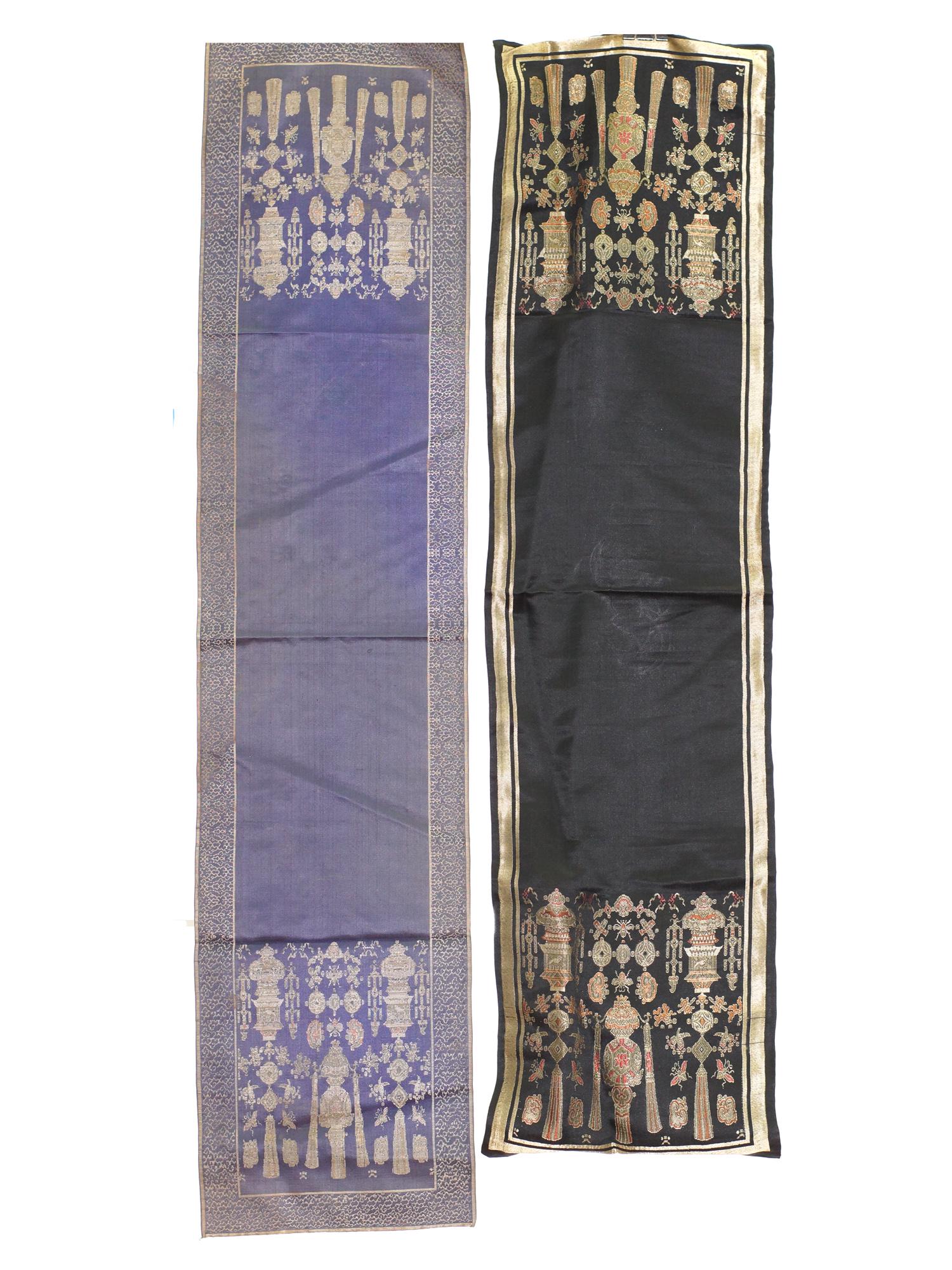 A VINTAGE CHINESE SILK EMBROIDERY PAIR. 20TH C.: Two Chinese silk panels with embroidery depicting decorative lanterns and fireflies. In Chinese culture, the lantern is a symbol of the rejoicing. Dimensions: Black 12.5 x 50 in. Blue 12 x 53 in. Prov
