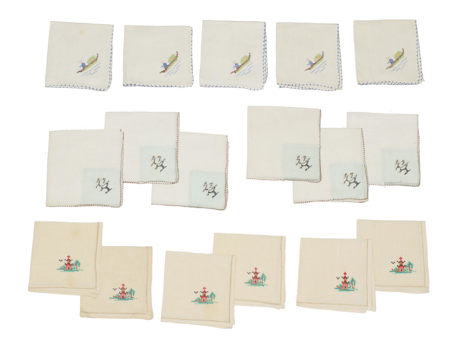 A SET OF VINTAGE CHINESE TABLE NAPKINS. MID 20TH C.: A set of six table napkins with multi coloured cross stitch with image of pagoda; six table napkins with multi coloured cross stitch with image of tree and five napkis also with multi colores cross st